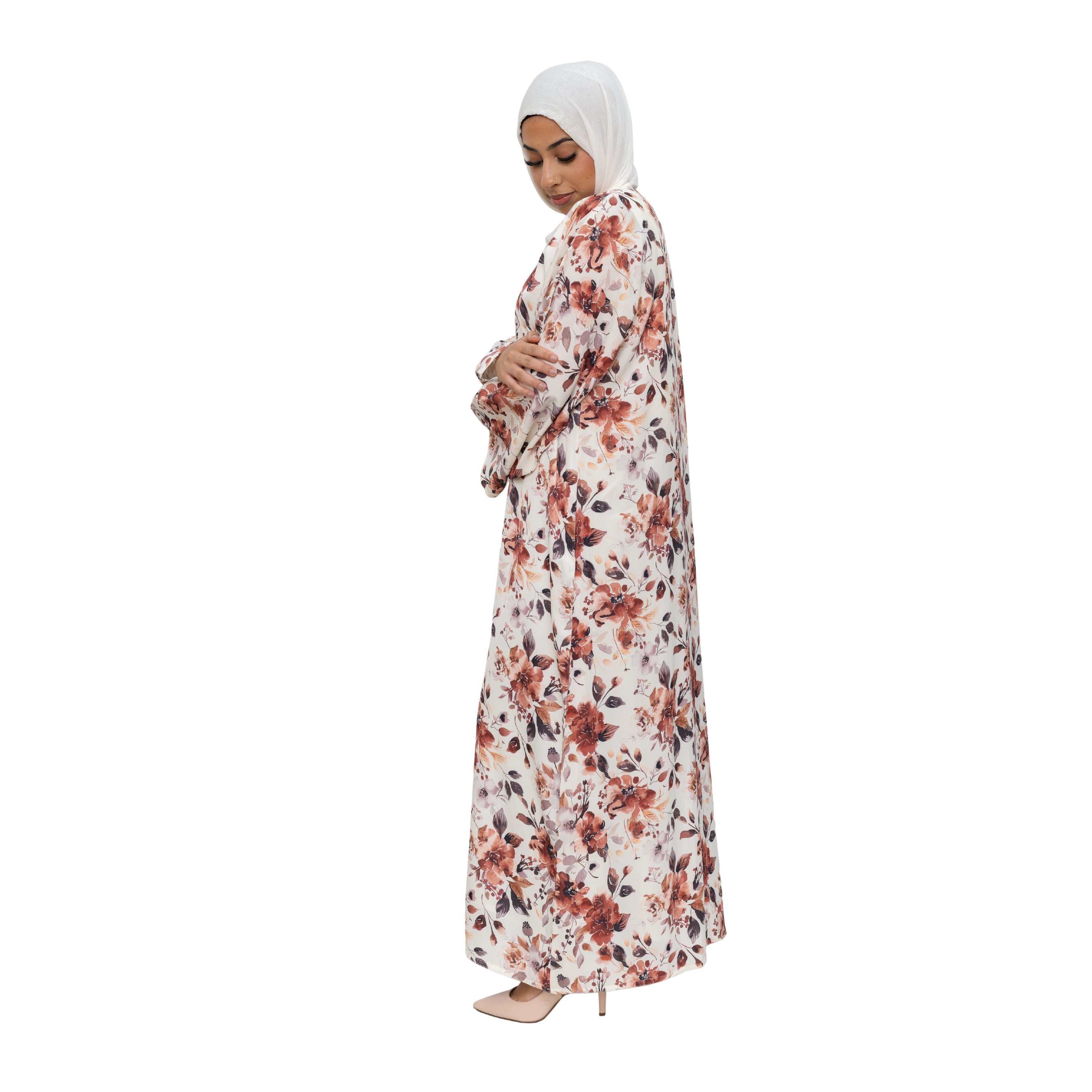 Satin Floral Kimono Abaya White Pink ASL-648