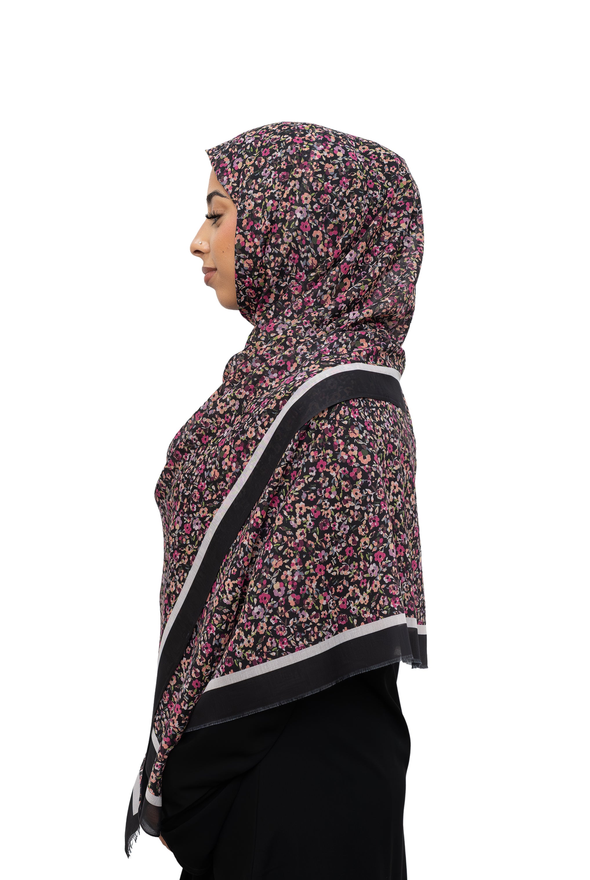 Exclusive Cotton Print Hijab Floral Black White Col 2