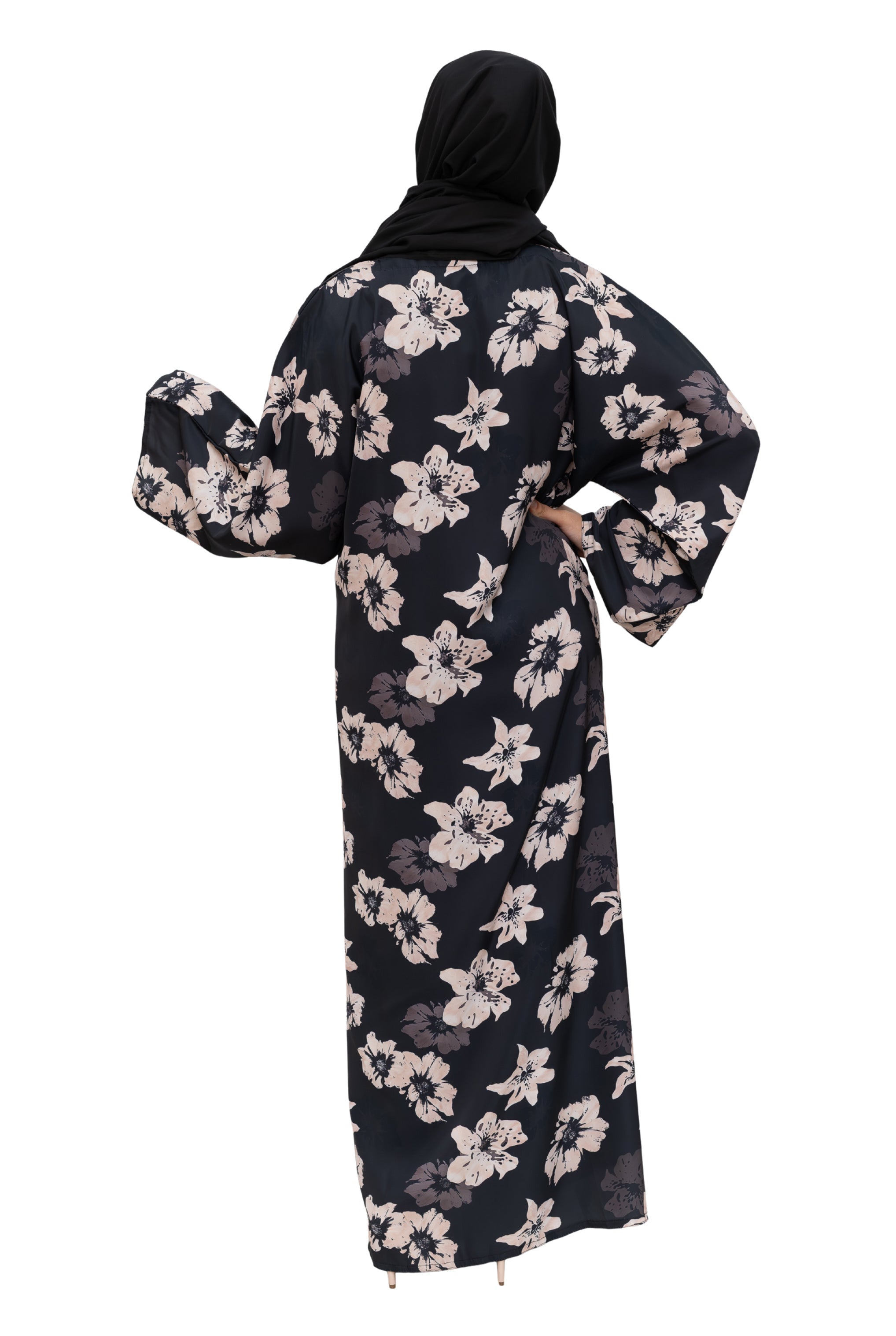 Satin Floral Kimono Abaya Black ASL-646