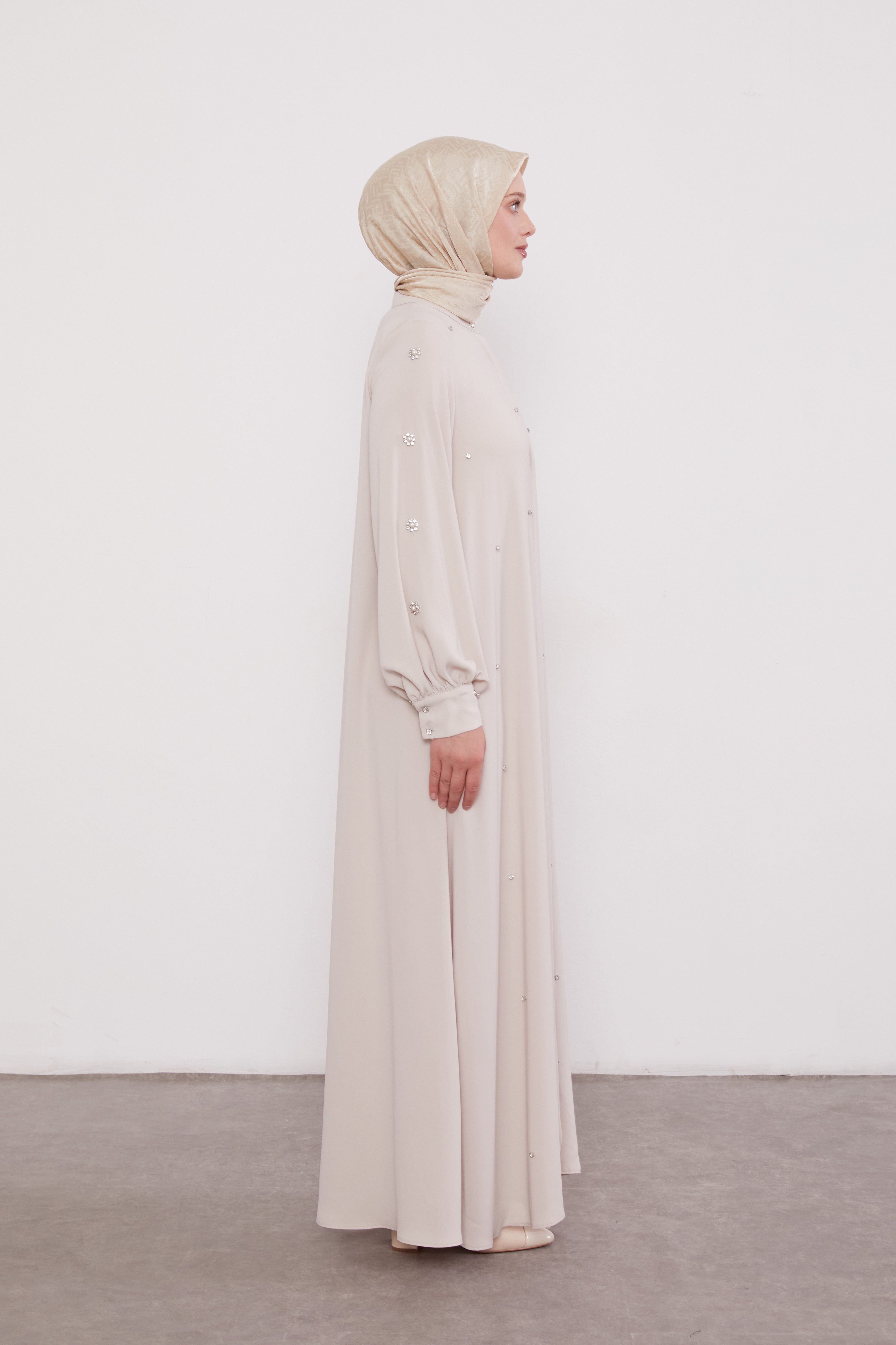 Finest Jewel Buttoned Abaya Cream