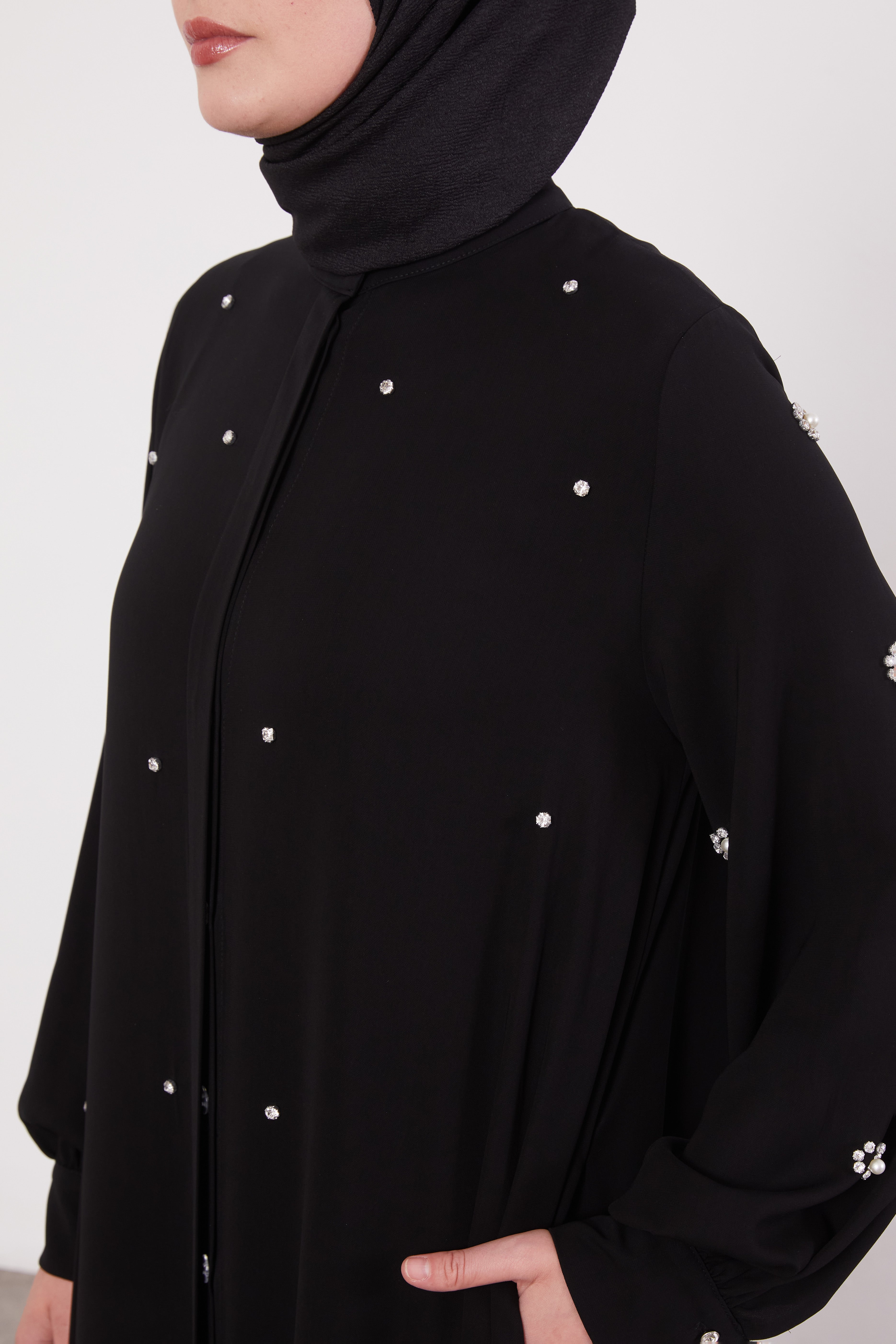 Finest Jewel Buttoned Abaya Black