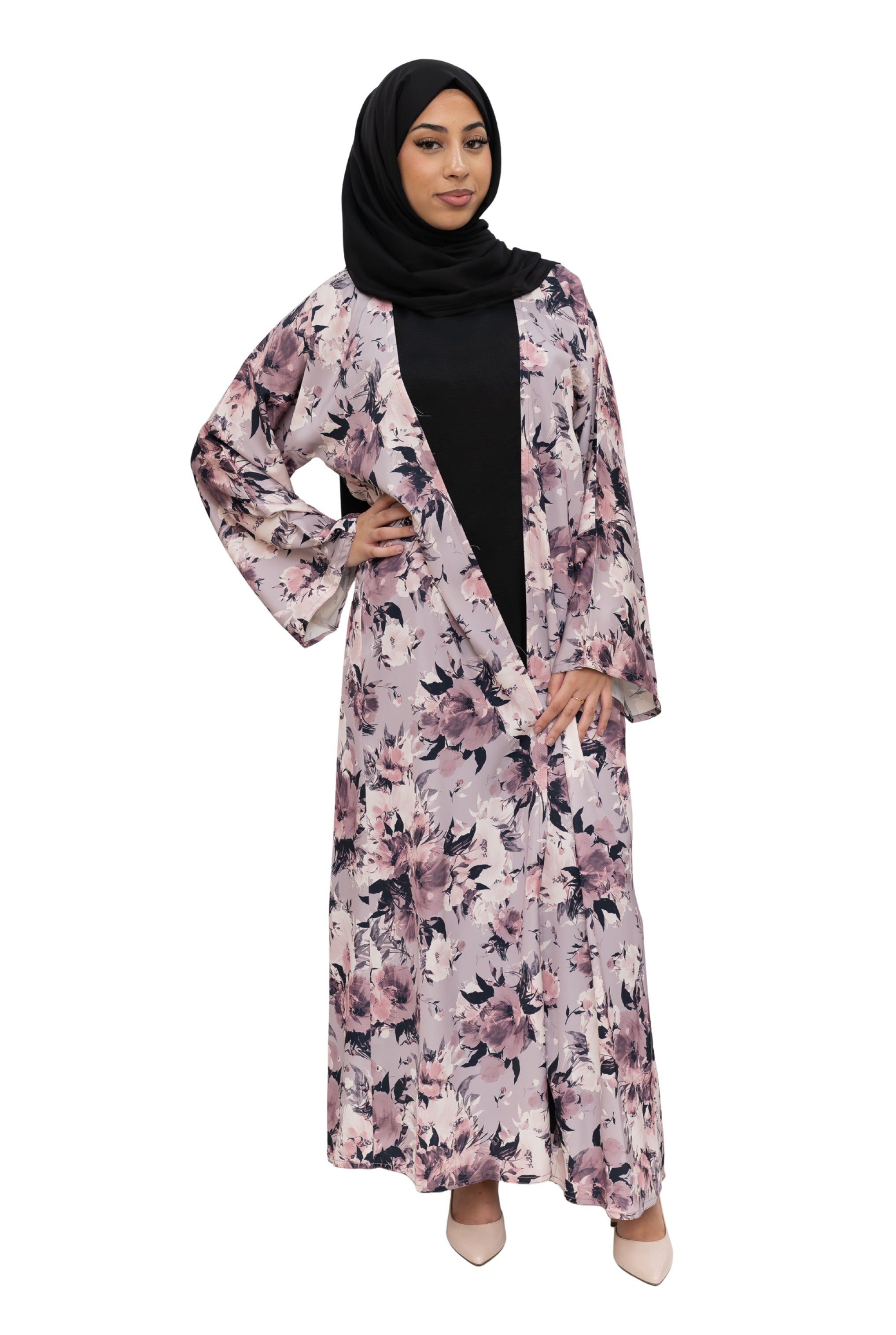 Satin Floral Kimono Abaya Pastel Pink ASL-645