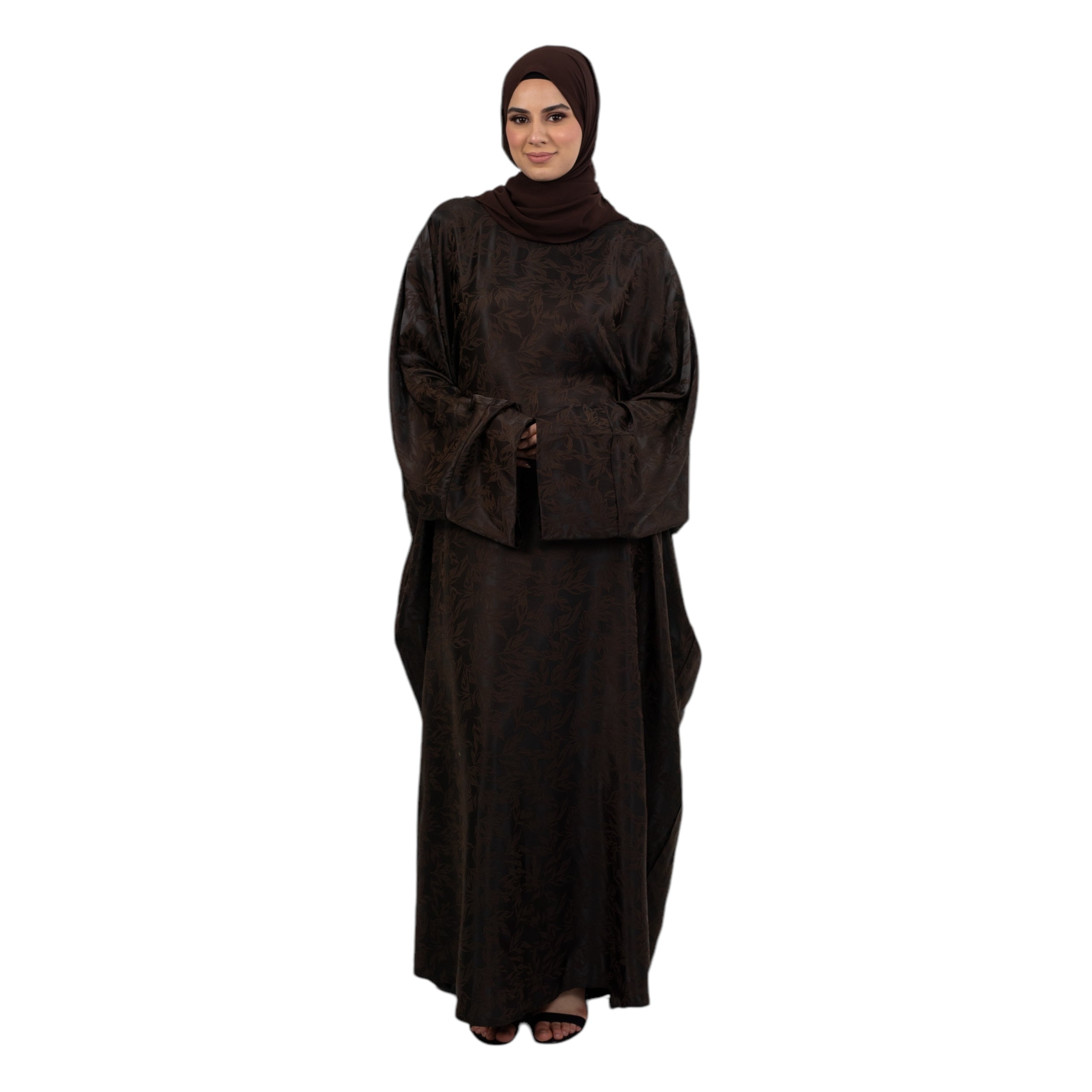 Brown Jacquard Belted Batwing Abaya ASL-636-3