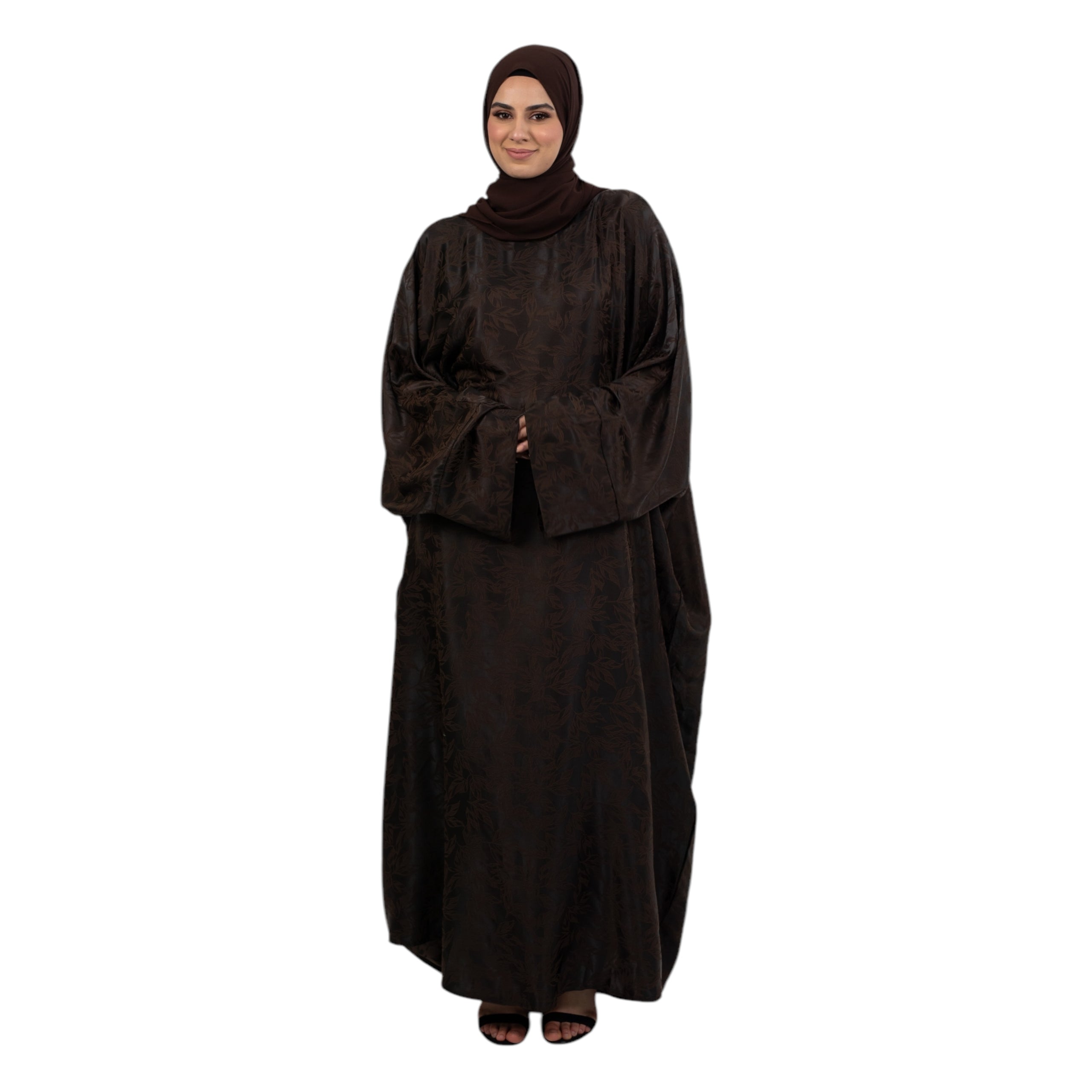 Brown Jacquard Belted Batwing Abaya ASL-636-3