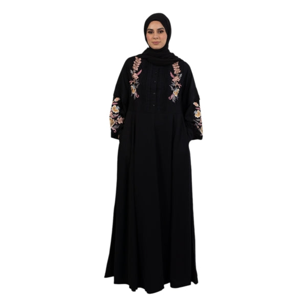 Black Floral Embroidered Plicate Abaya ASAK-228
