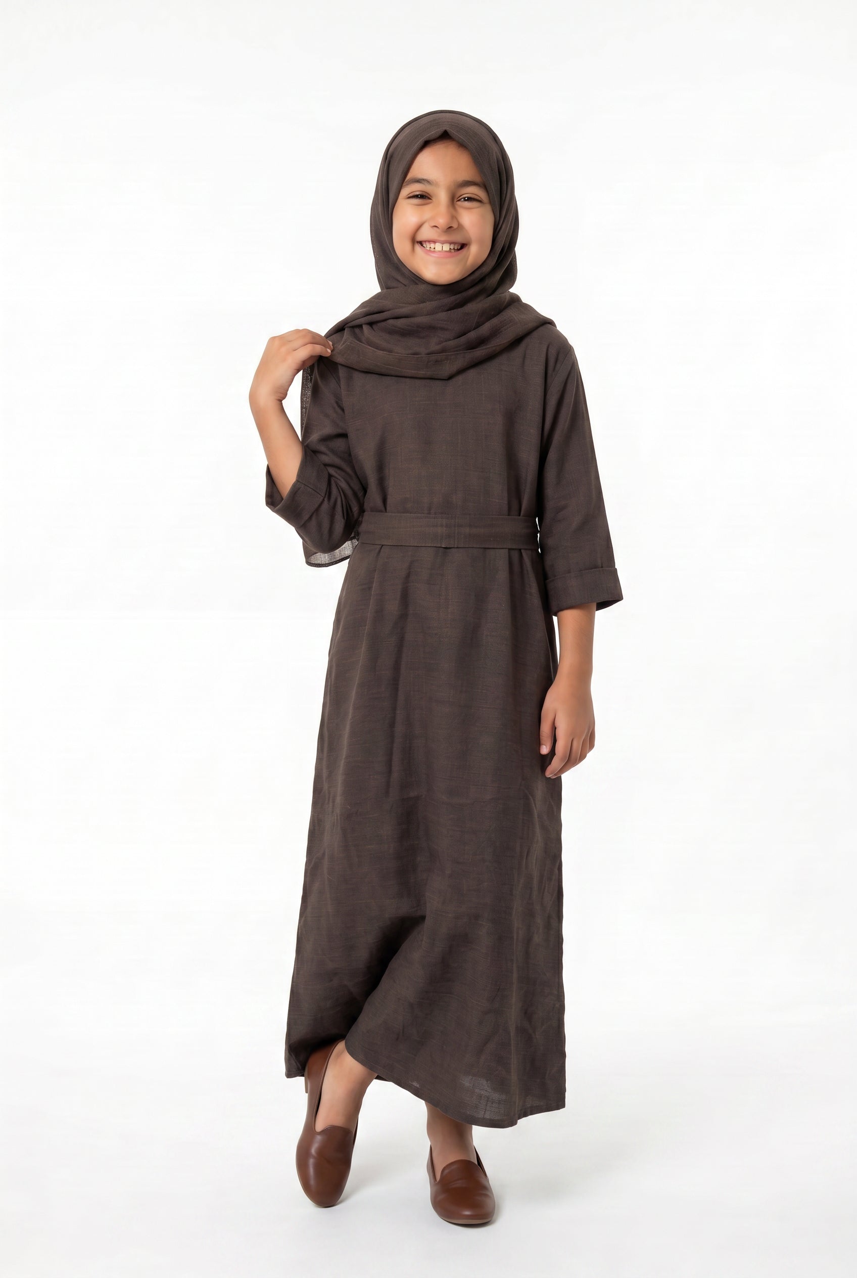 Girls Aaliyah Linen Abaya Chocolate Brown 559k Col 10