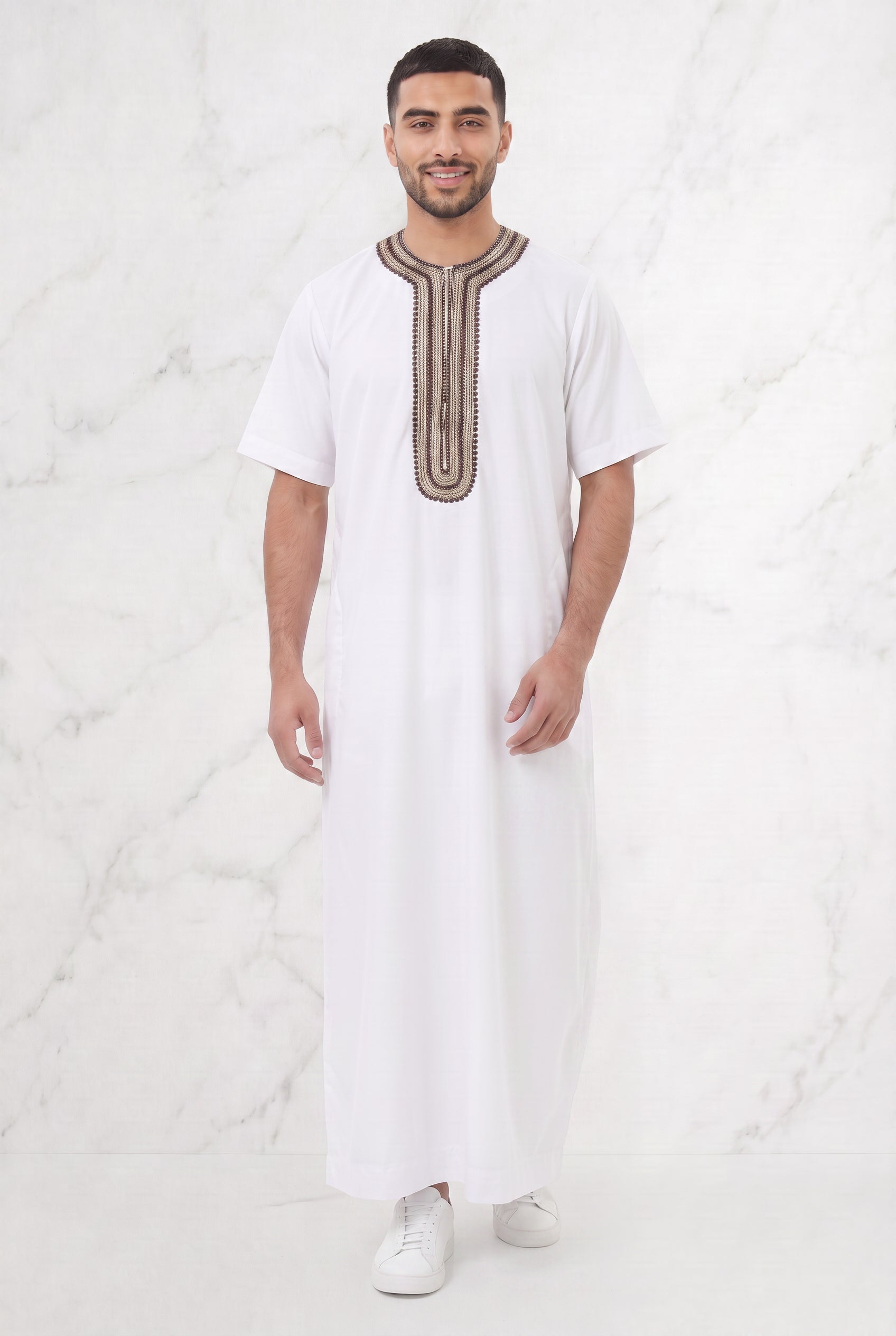 Morrocan Half Sleeve White & Gold Thobe 1512