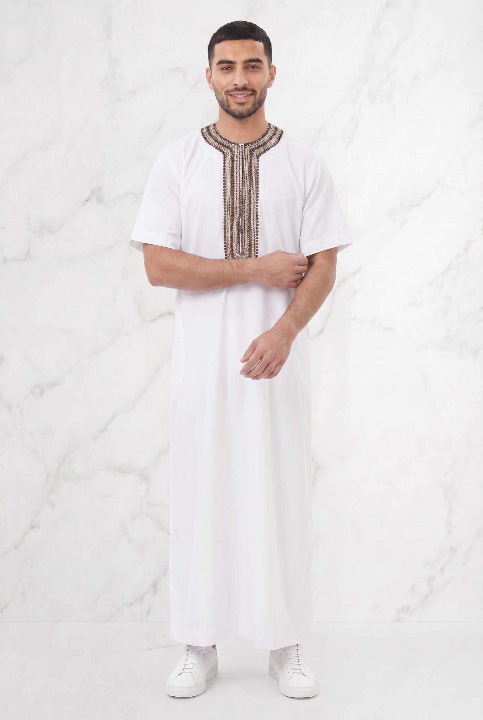 Morrocan Half Sleeve White & Gold Thobe 1512