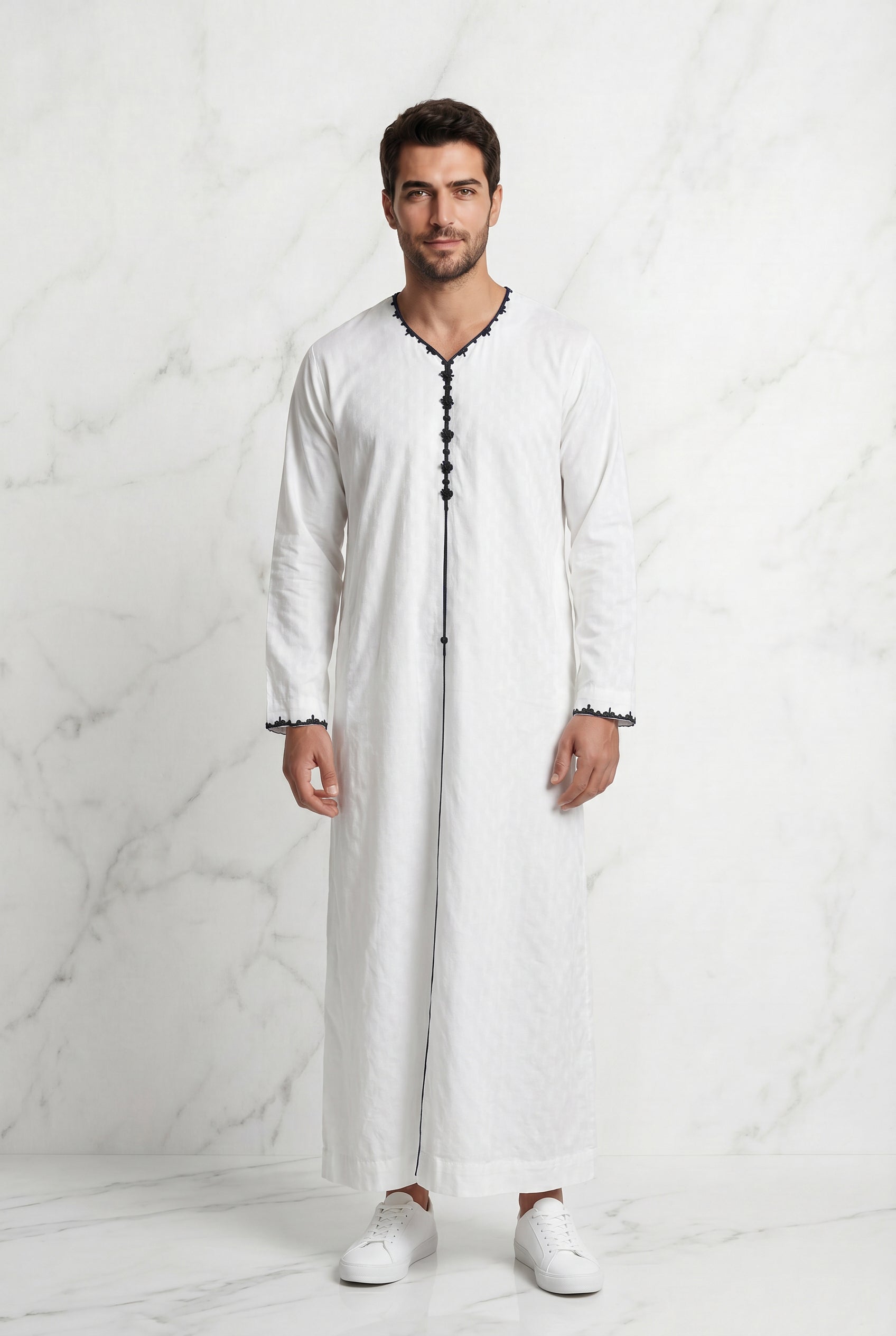 Textured White Thobe With Black Detailing 1514