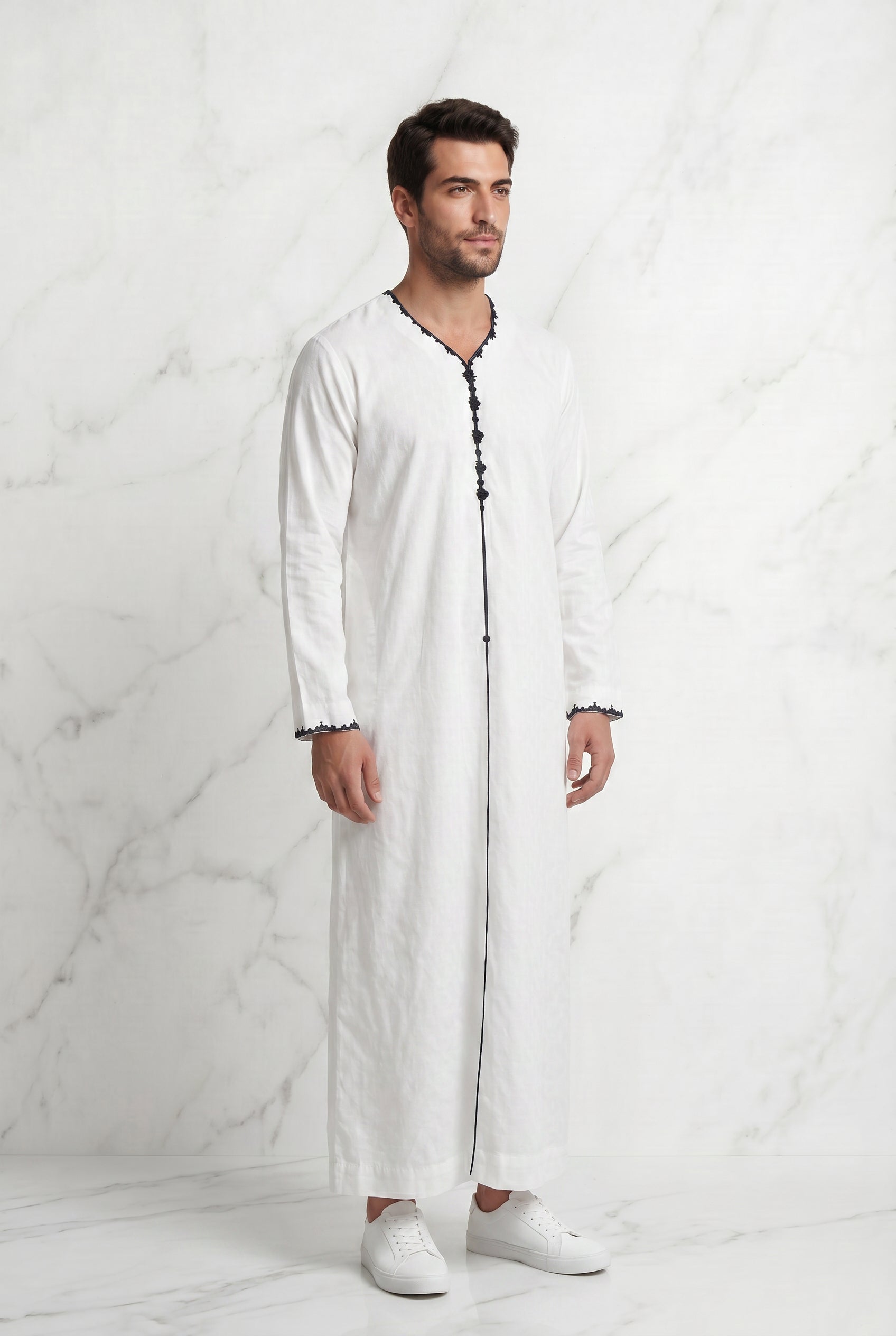 Textured White Thobe With Black Detailing 1514