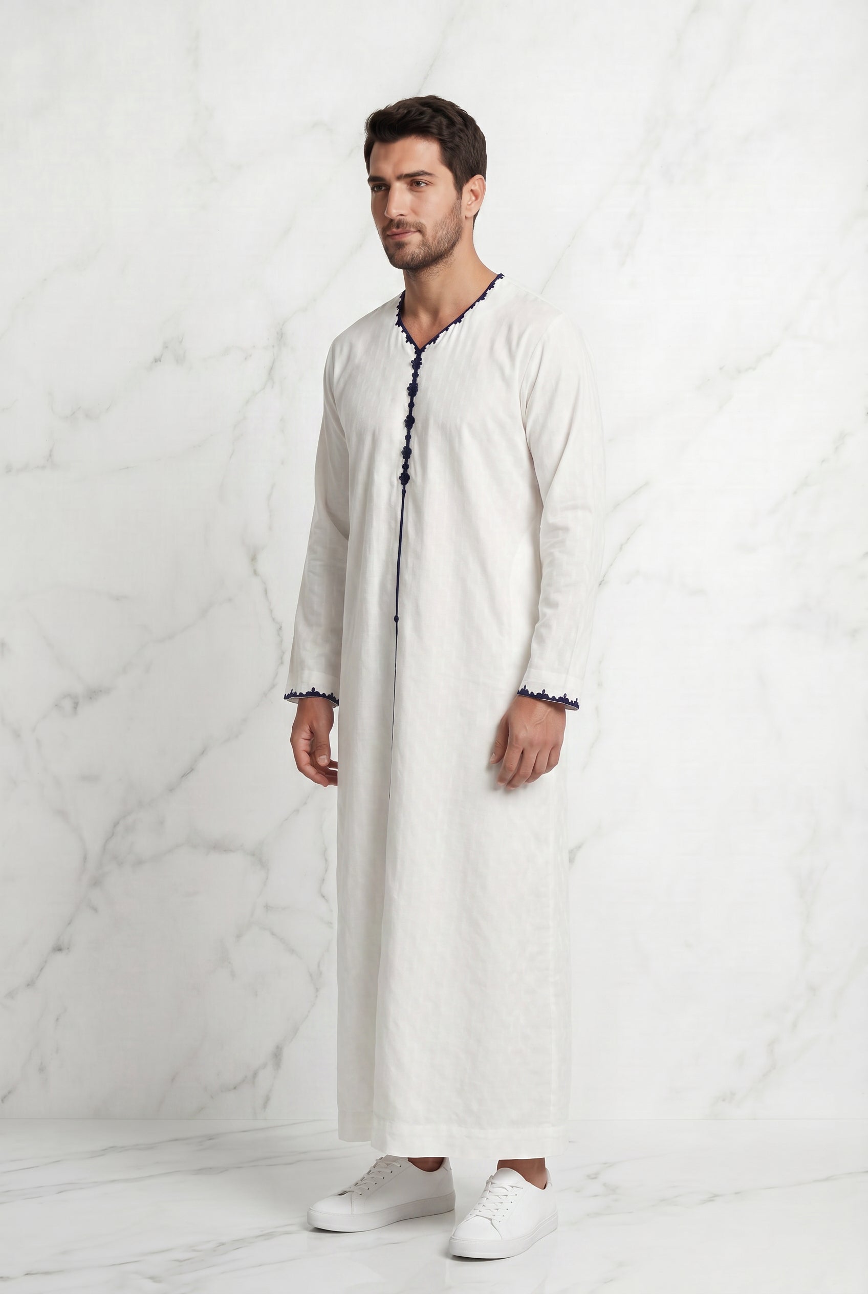 Textured White Thobe With Navy Detailing 1514