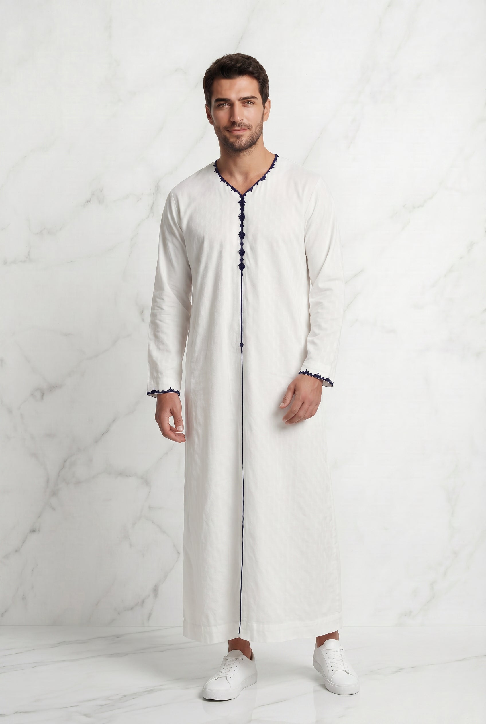 Textured White Thobe With Navy Detailing 1514