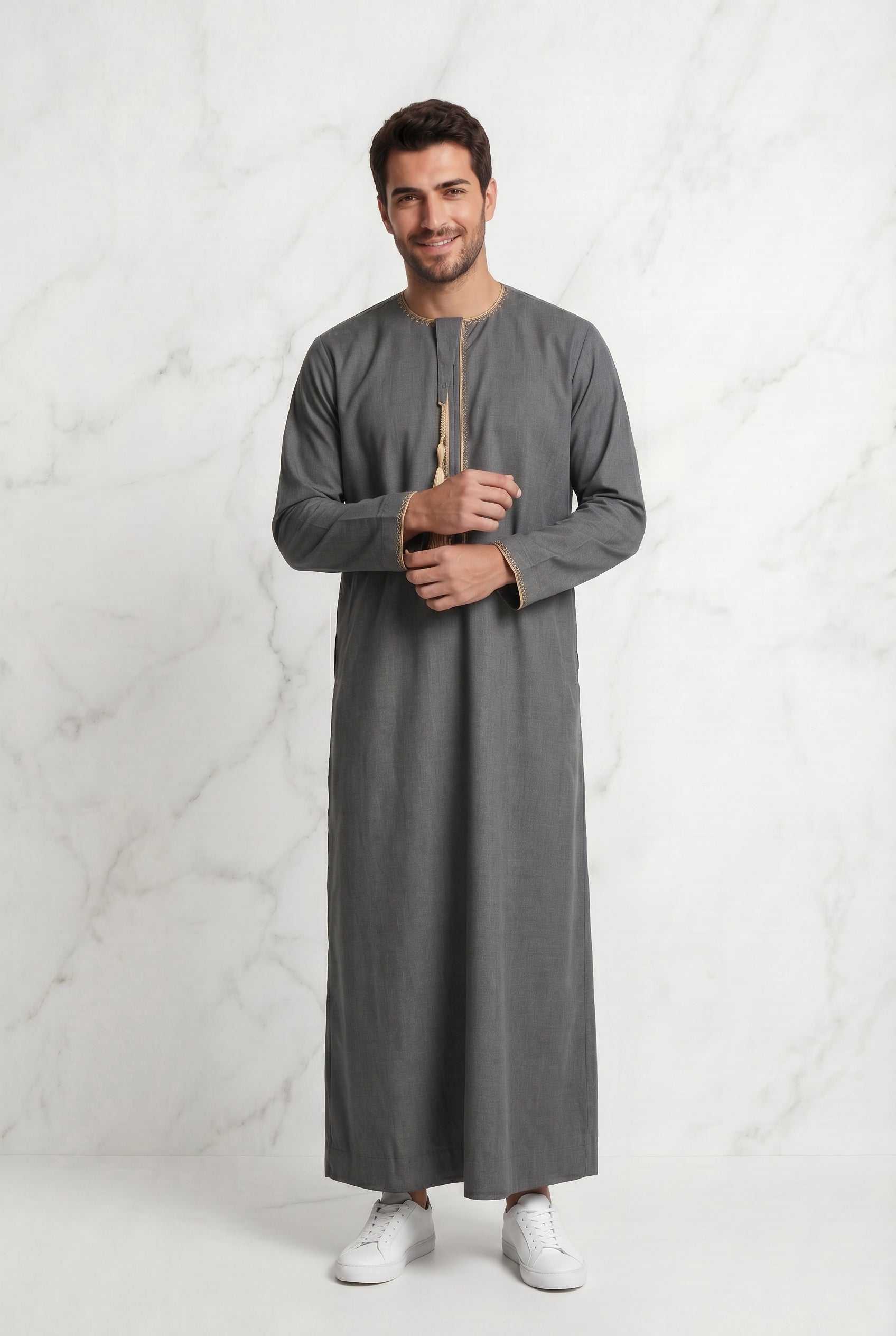 Grey Detailed Tasselled Thobe for Men 1522-21