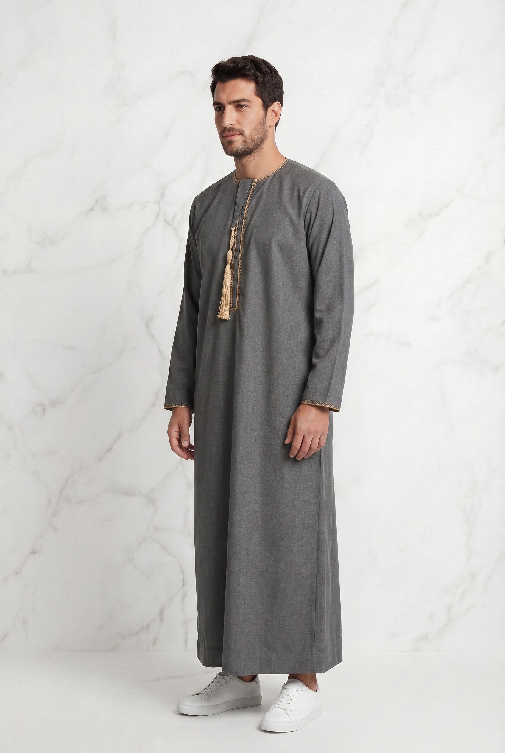 Grey Detailed Tasselled Thobe for Men 1522-21