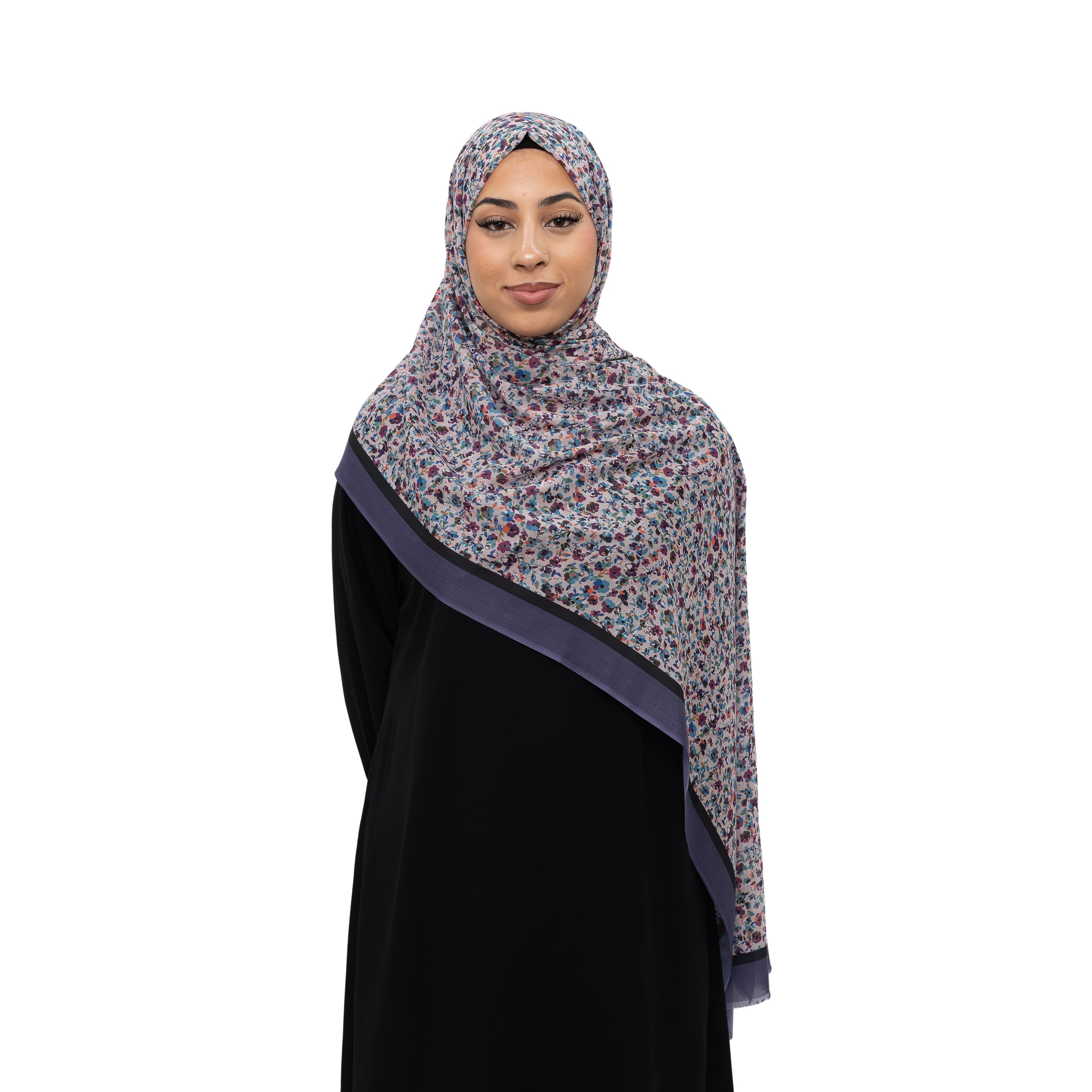 Exclusive Cotton Print Hijab Floral Black Purple Col 20