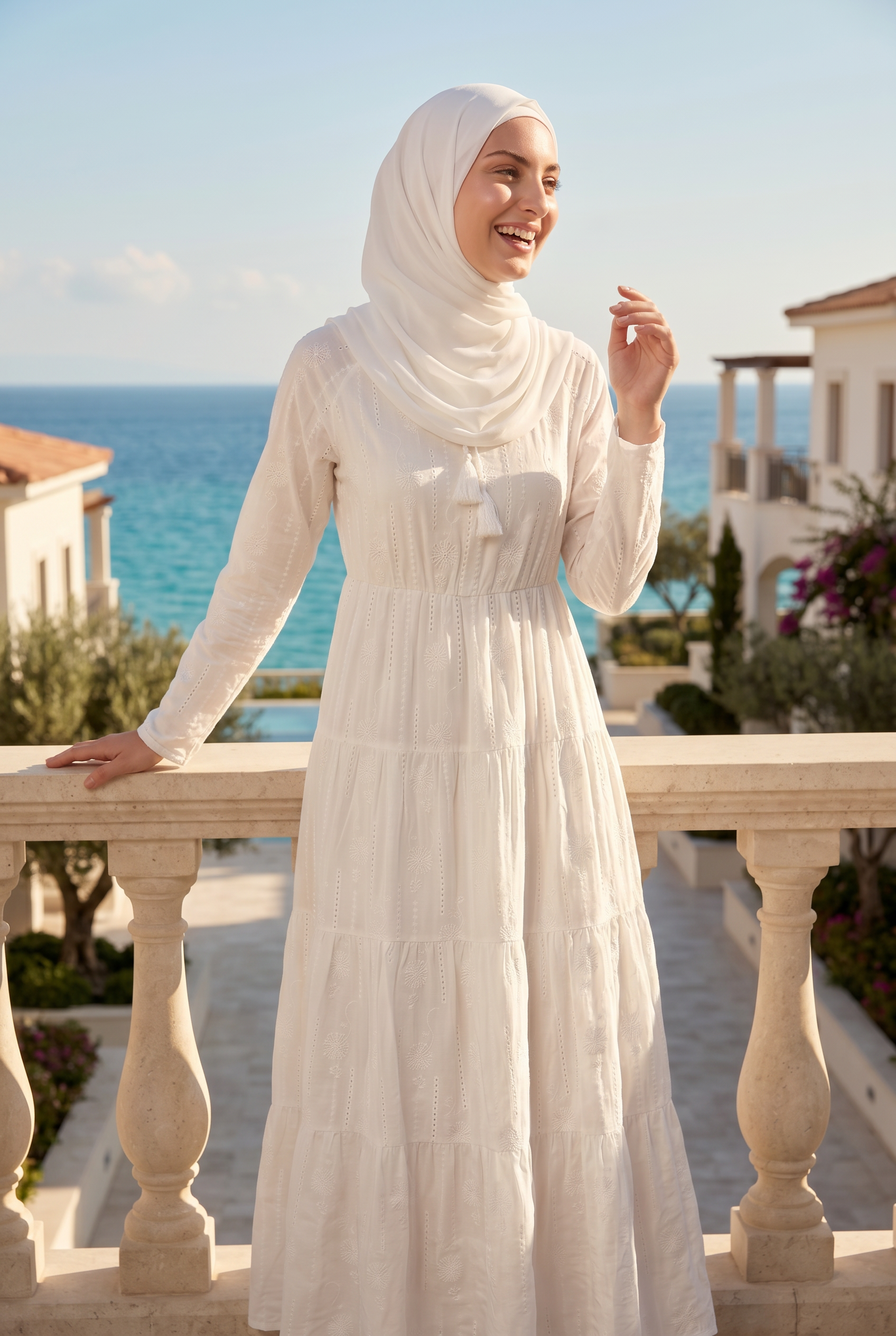 Hana Embroidered Cotton Abaya White 1014