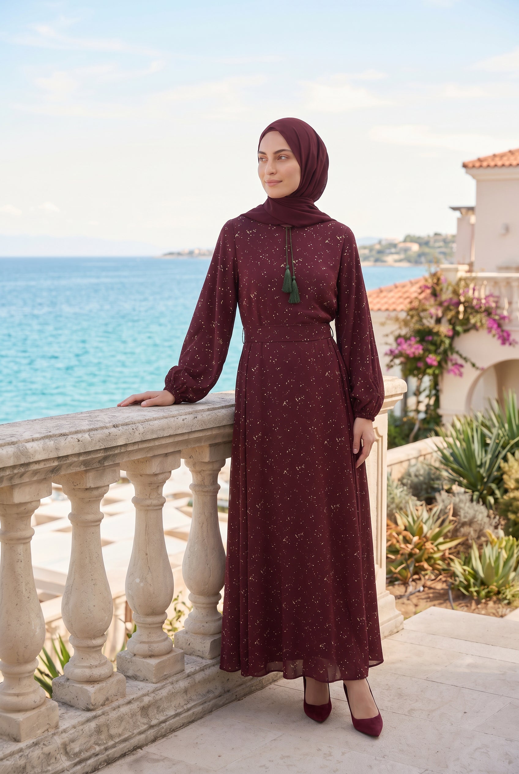 Alina Printed Crepe Abaya Maroon 1039