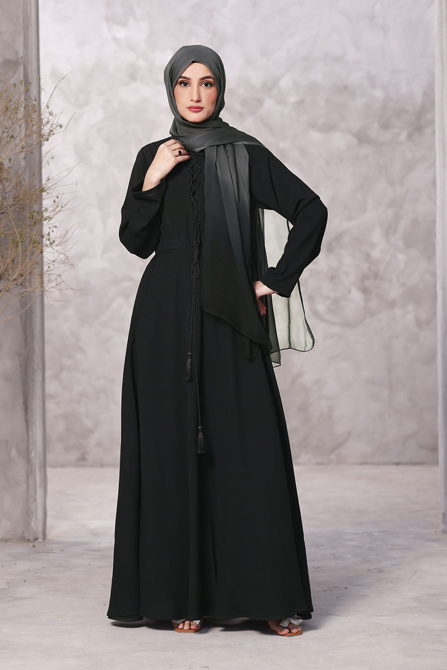 Lace Tassel Abaya Black 1044