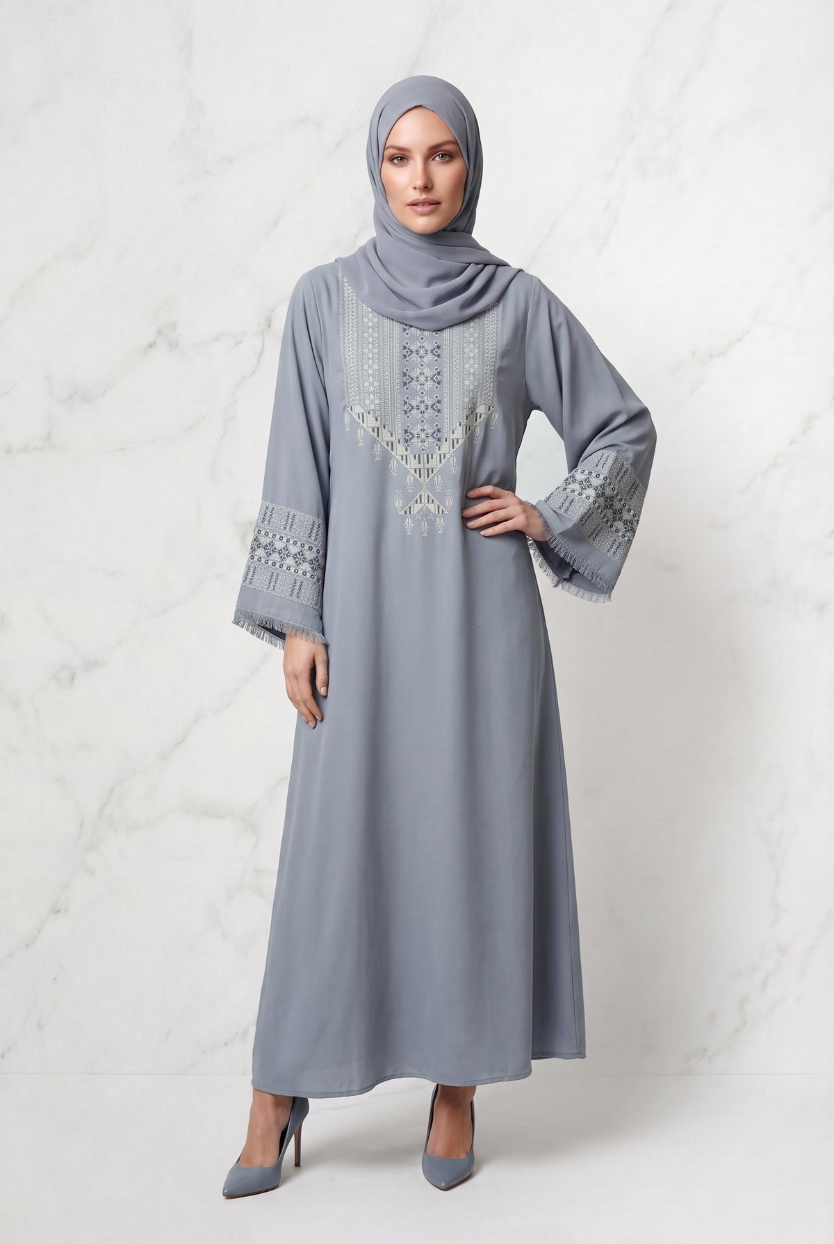 Yusra Mosaic Embroidered Abaya Cool Grey 1117