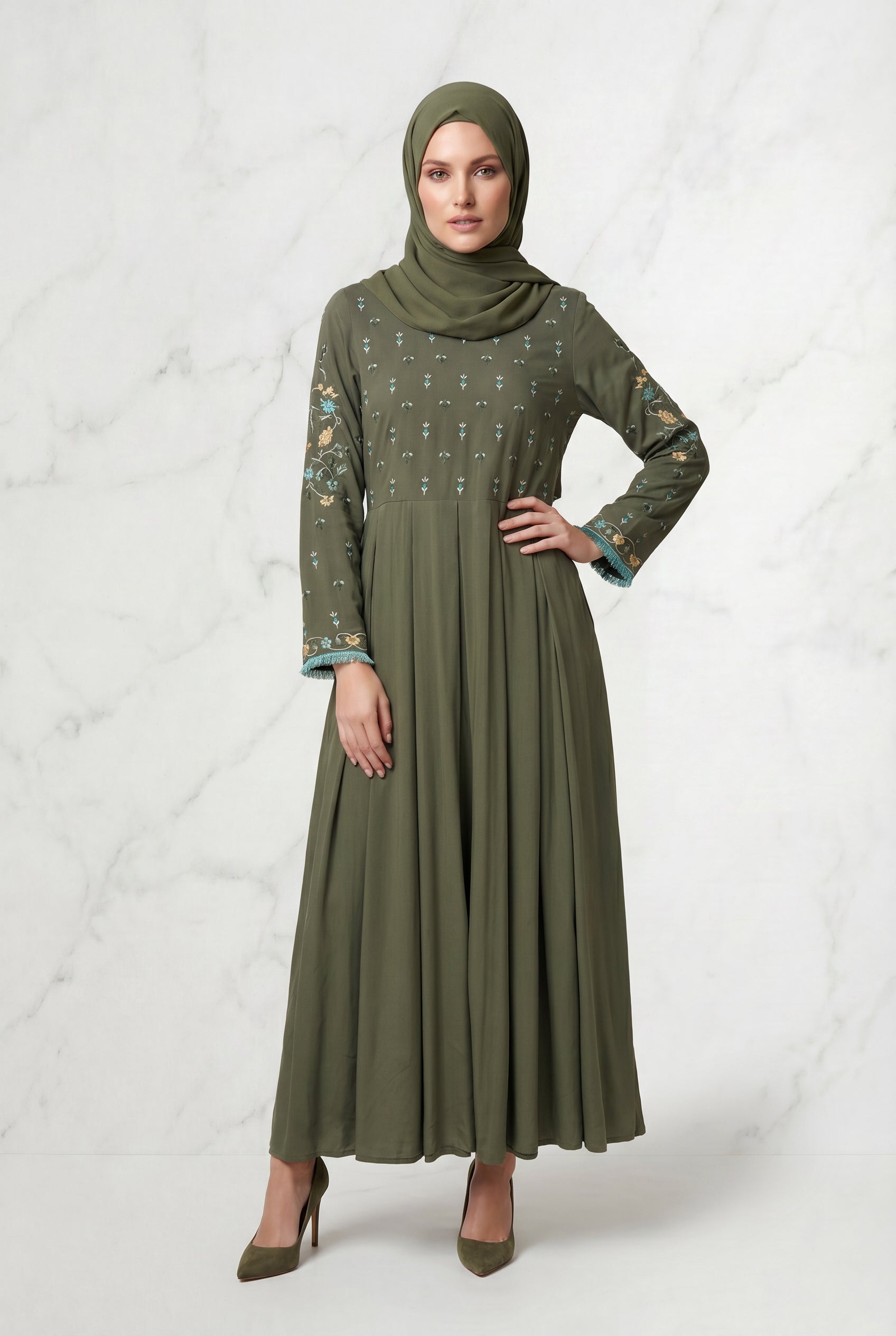 Safiya Embroidered Abaya Olive 1157