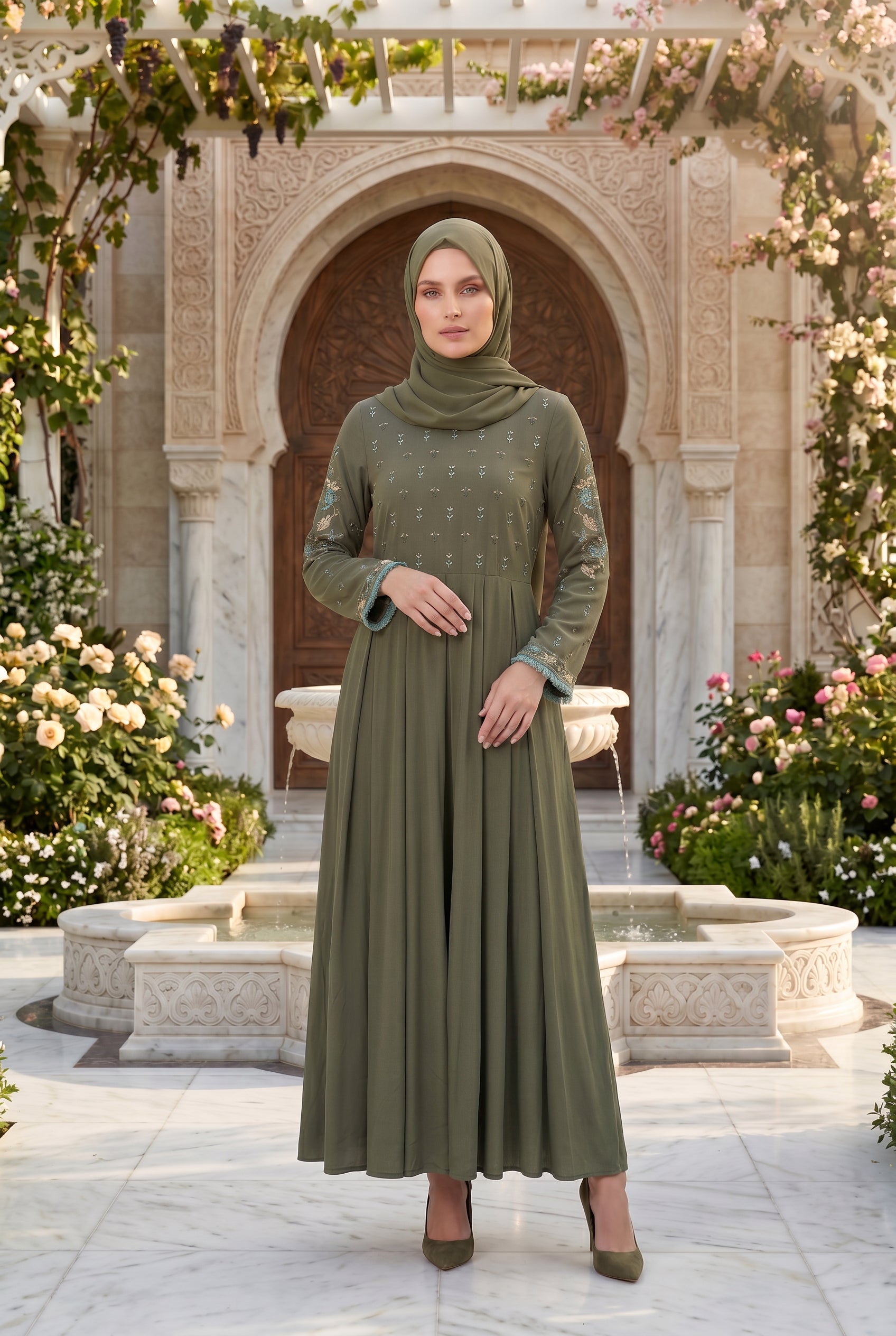 Safiya Embroidered Abaya Olive 1157
