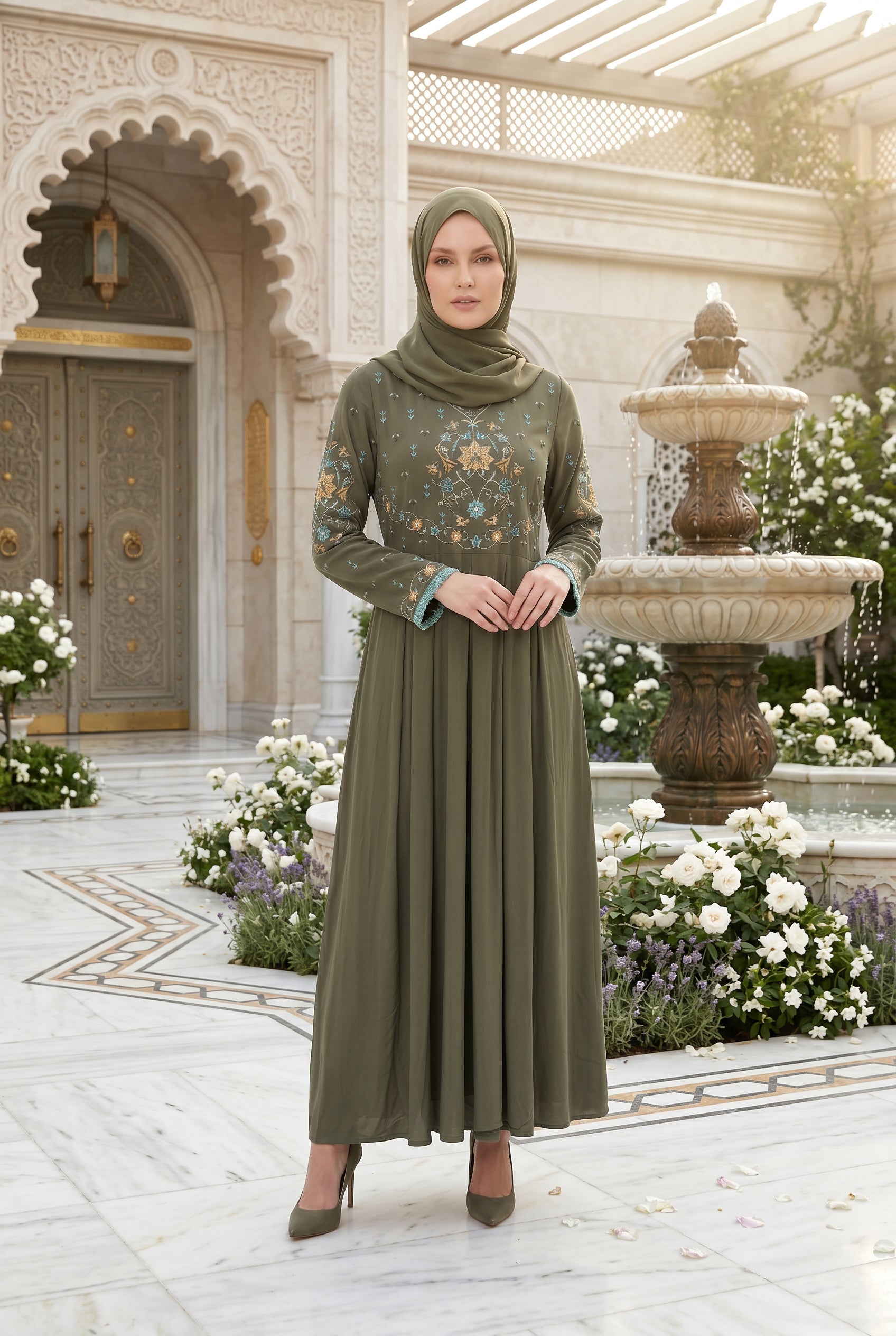 Safiya Embroidered Abaya Olive 1157