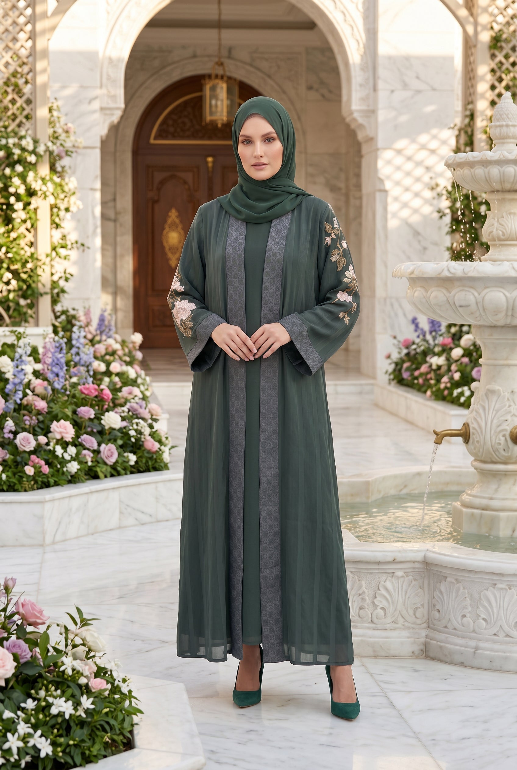 Layana Embroidered Kimono Abaya Dark Olive 1161