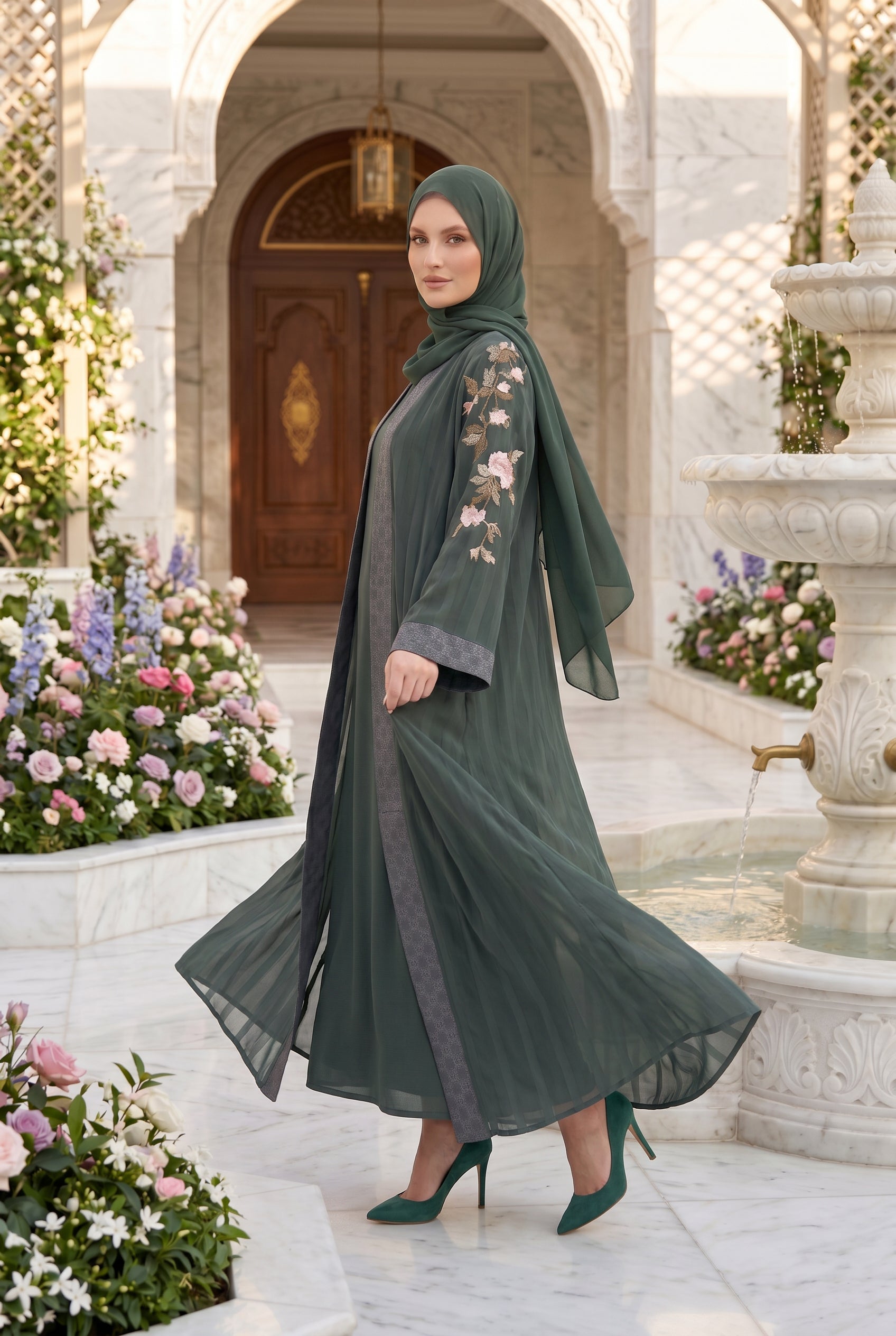 Layana Embroidered Kimono Abaya Dark Olive 1161