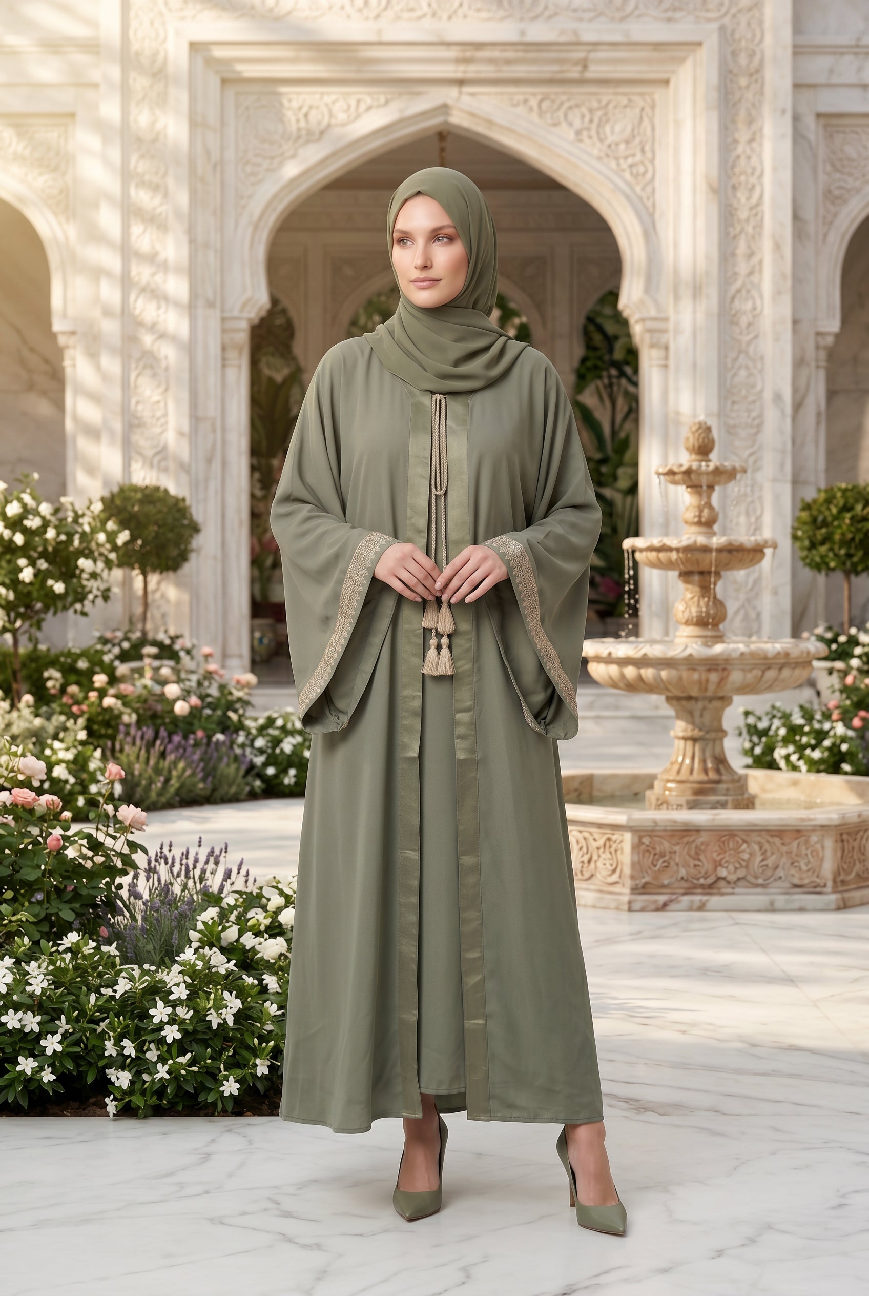Noura Tassel Kimono Abaya Light Olive 1116