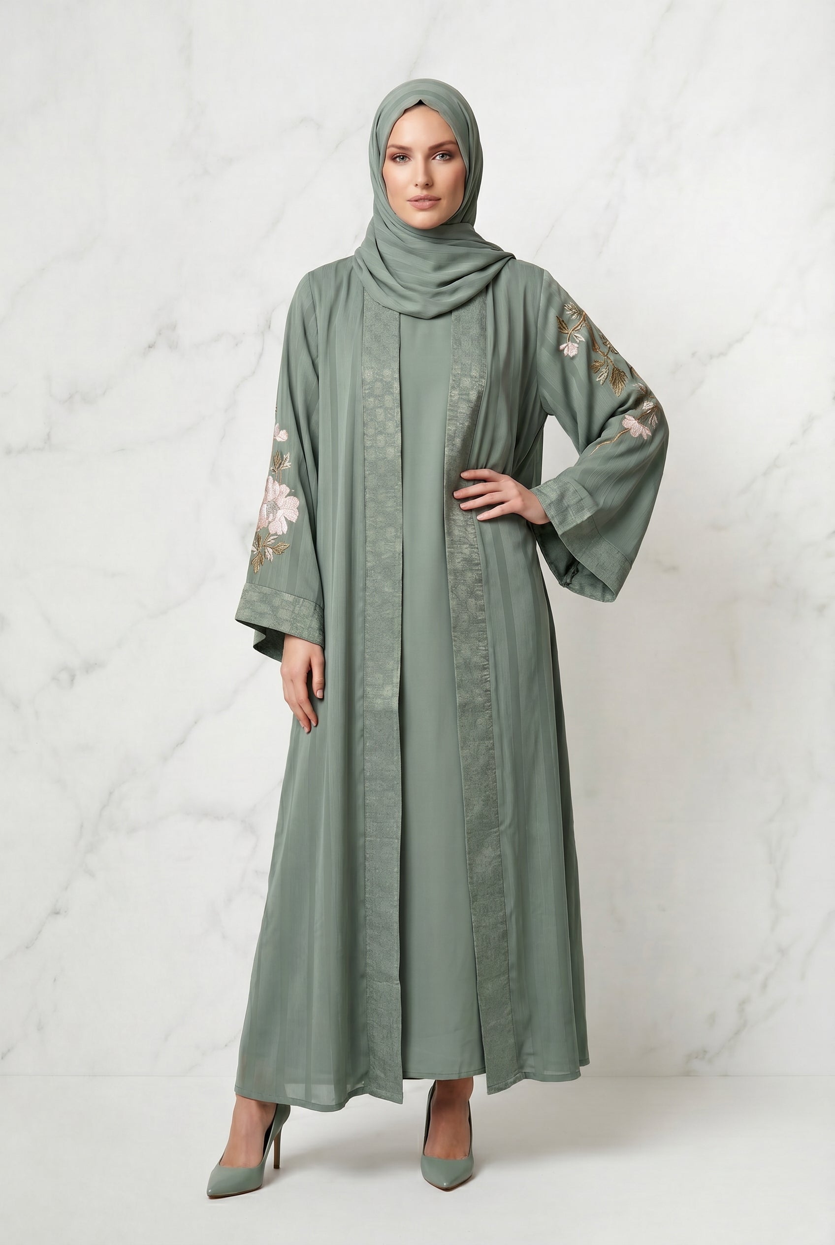 Layana Embroidered Kimono Abaya Olive 1161