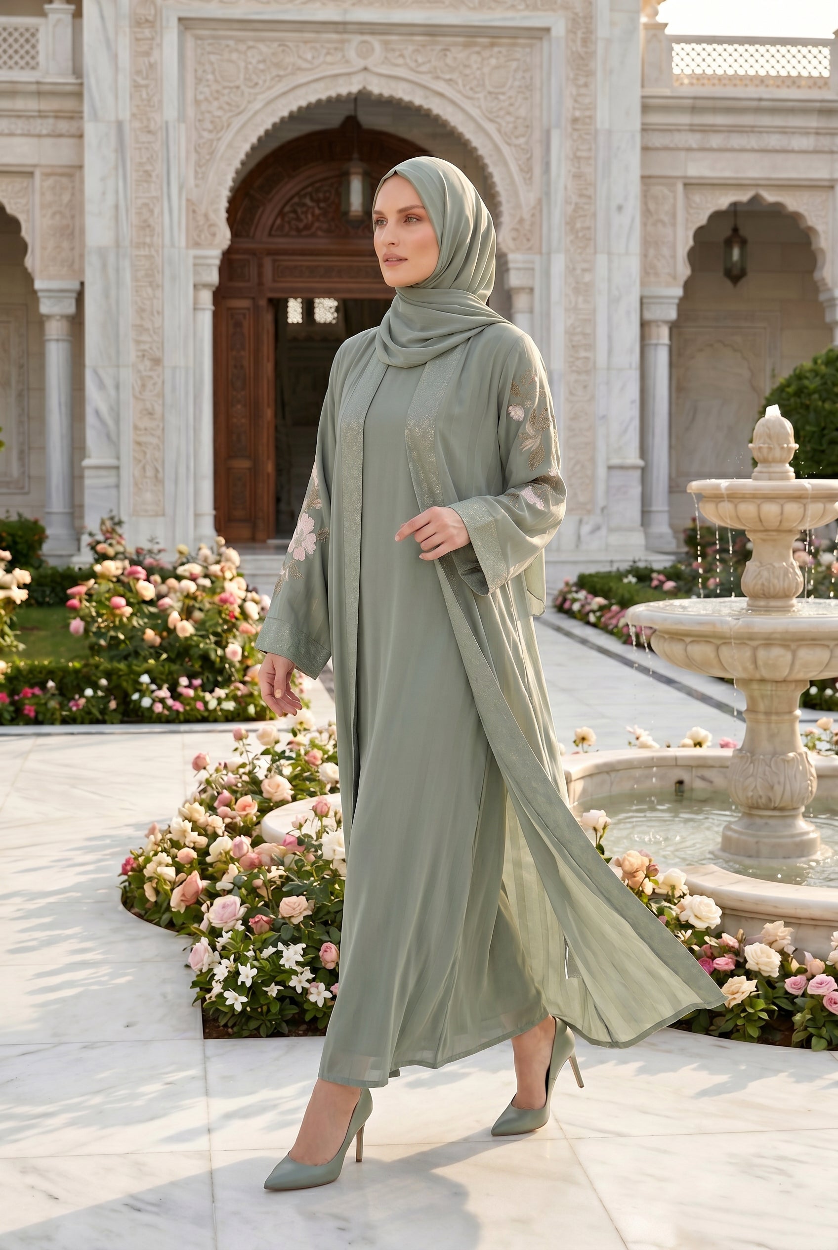 Layana Embroidered Kimono Abaya Olive 1161