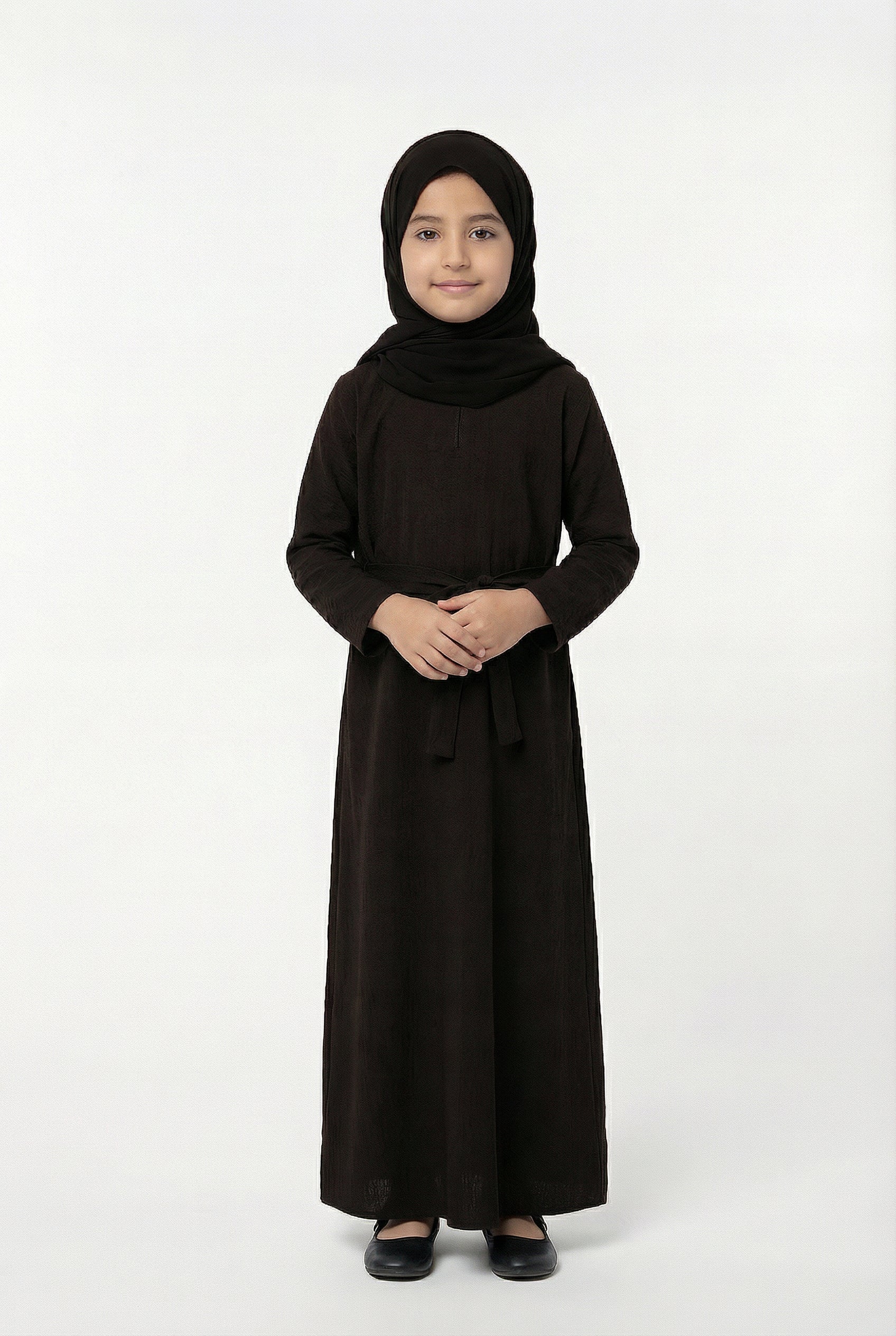 Girls Textured Plain Abaya Brown 618