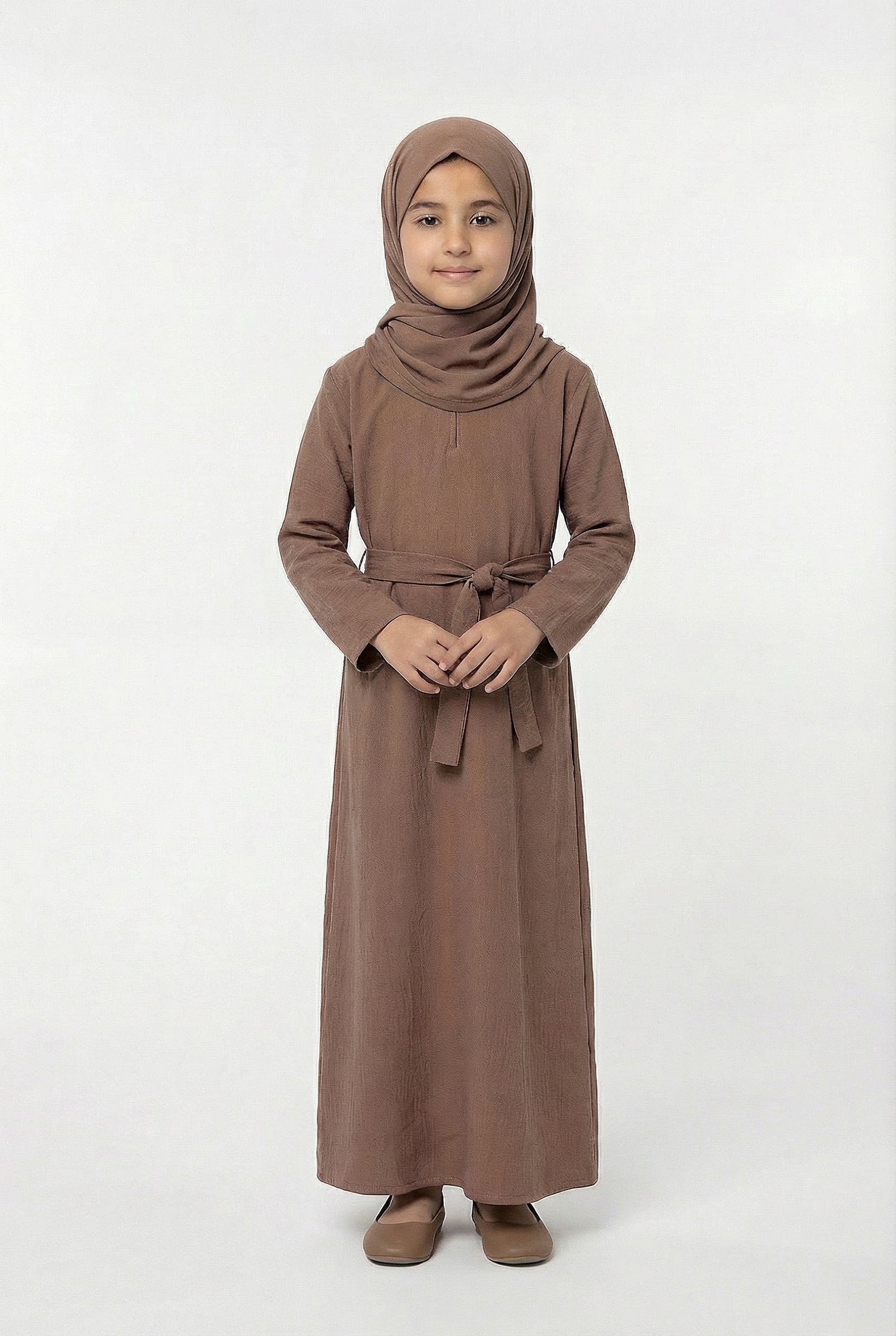 Girls Textured Plain Abaya Chestnut 618