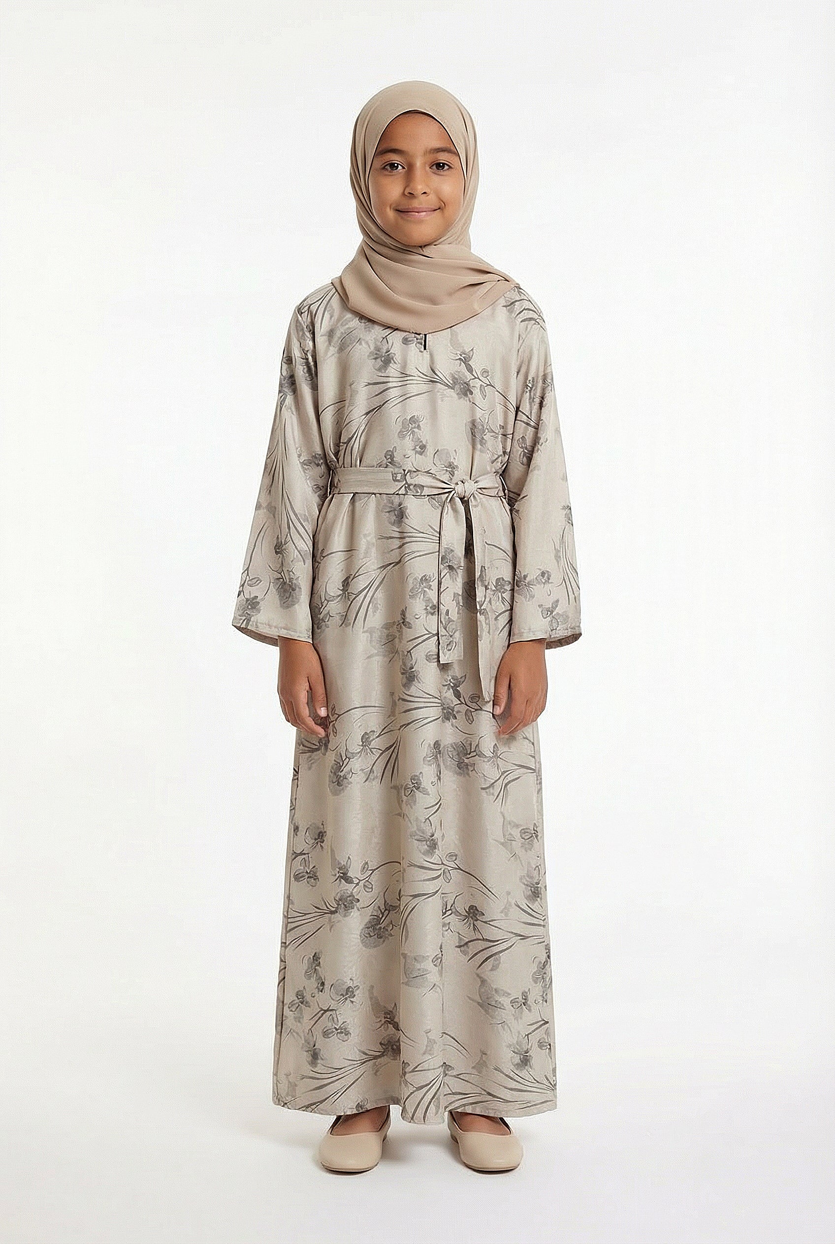 Girls Floral Weave Abaya Beige 654 Col 1