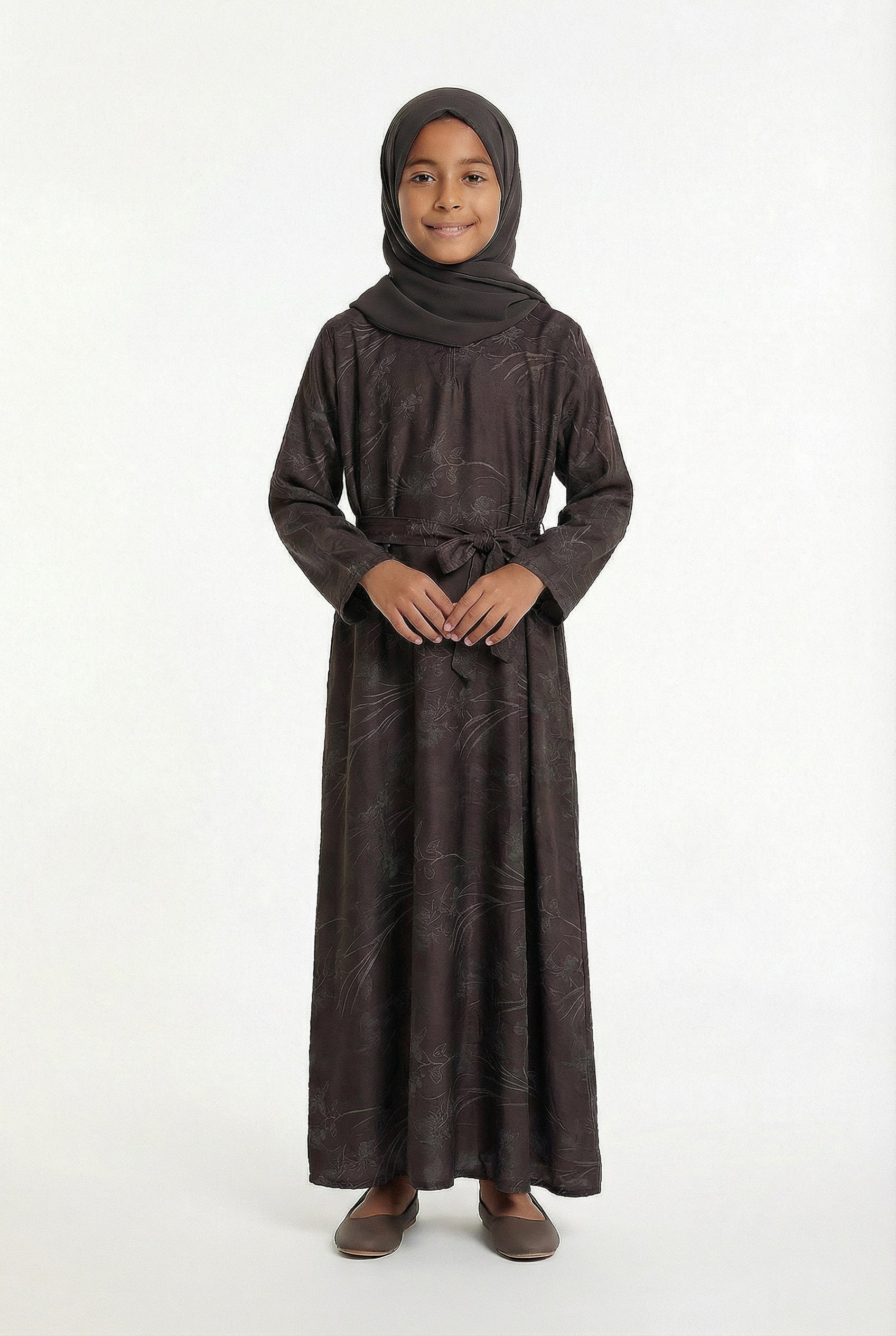 Girls Floral Weave Abaya Deep Chocolate 654 Col 3
