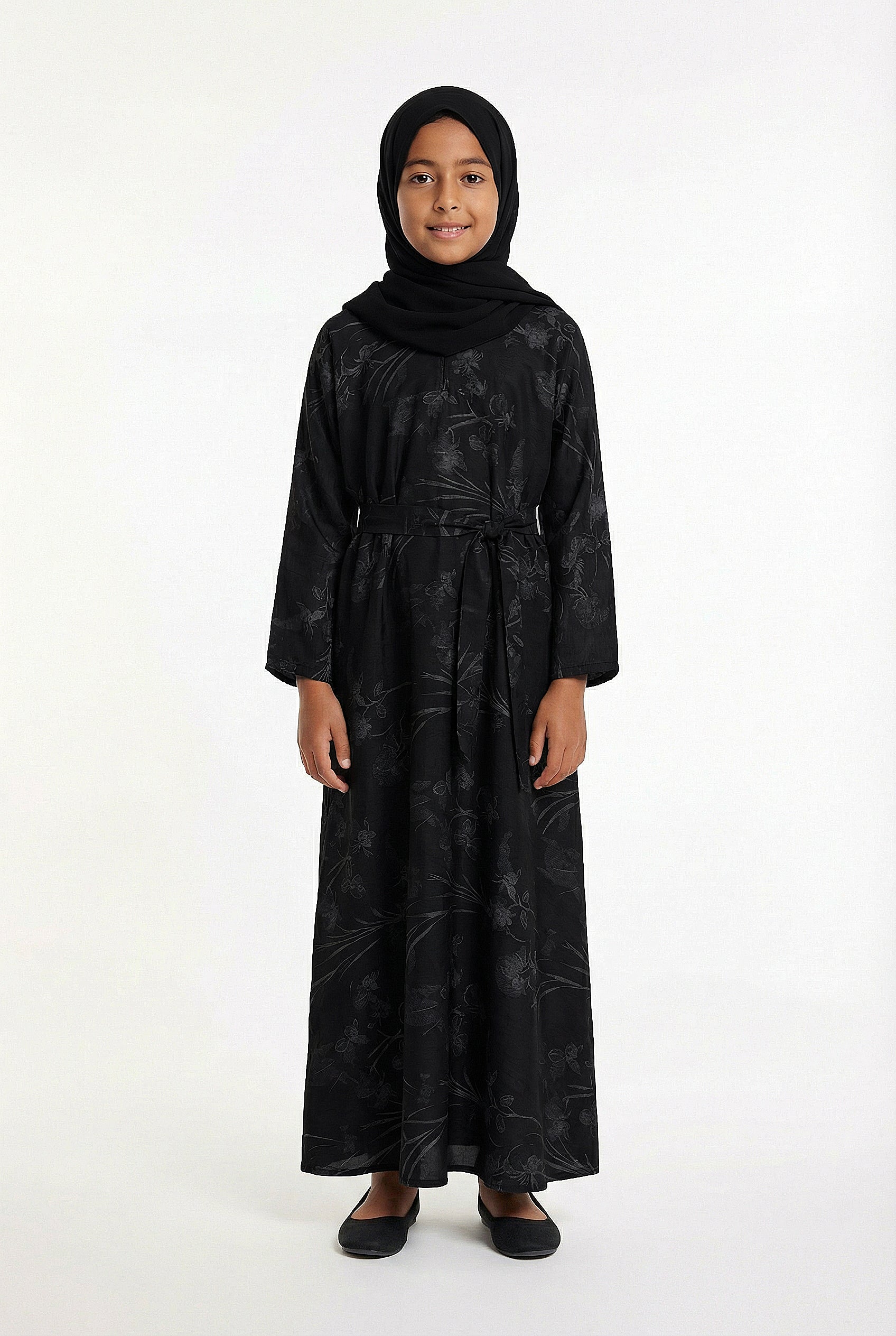 Girls Floral Weave Abaya Black 654 Col 4