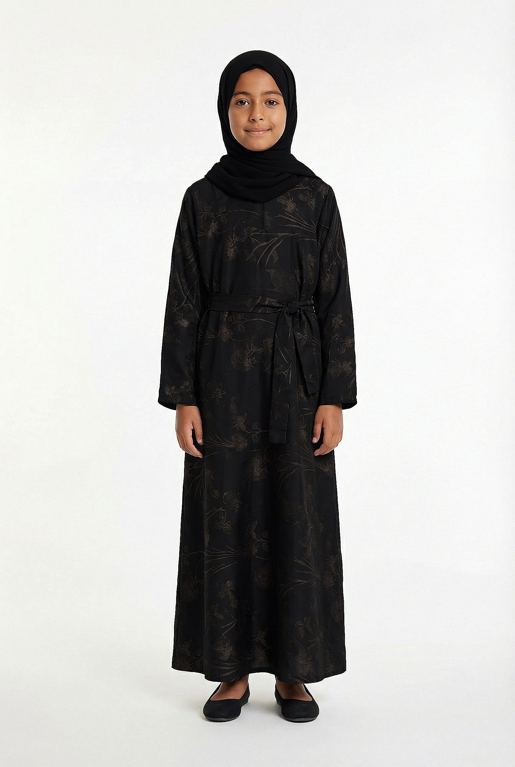 Girls Floral Weave Abaya Black and Gold 654 Col 5