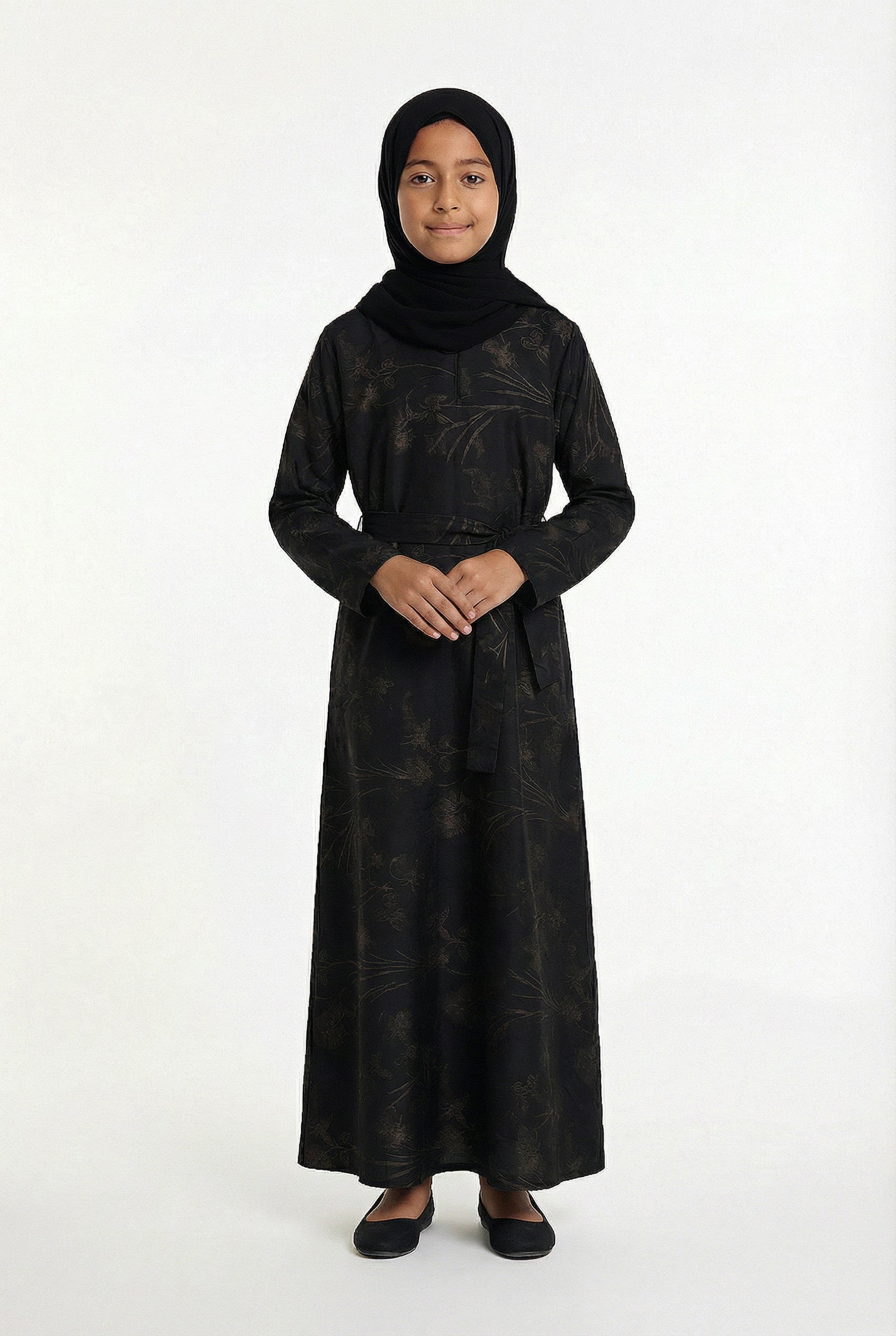 Girls Floral Weave Abaya Black and Gold 654 Col 5