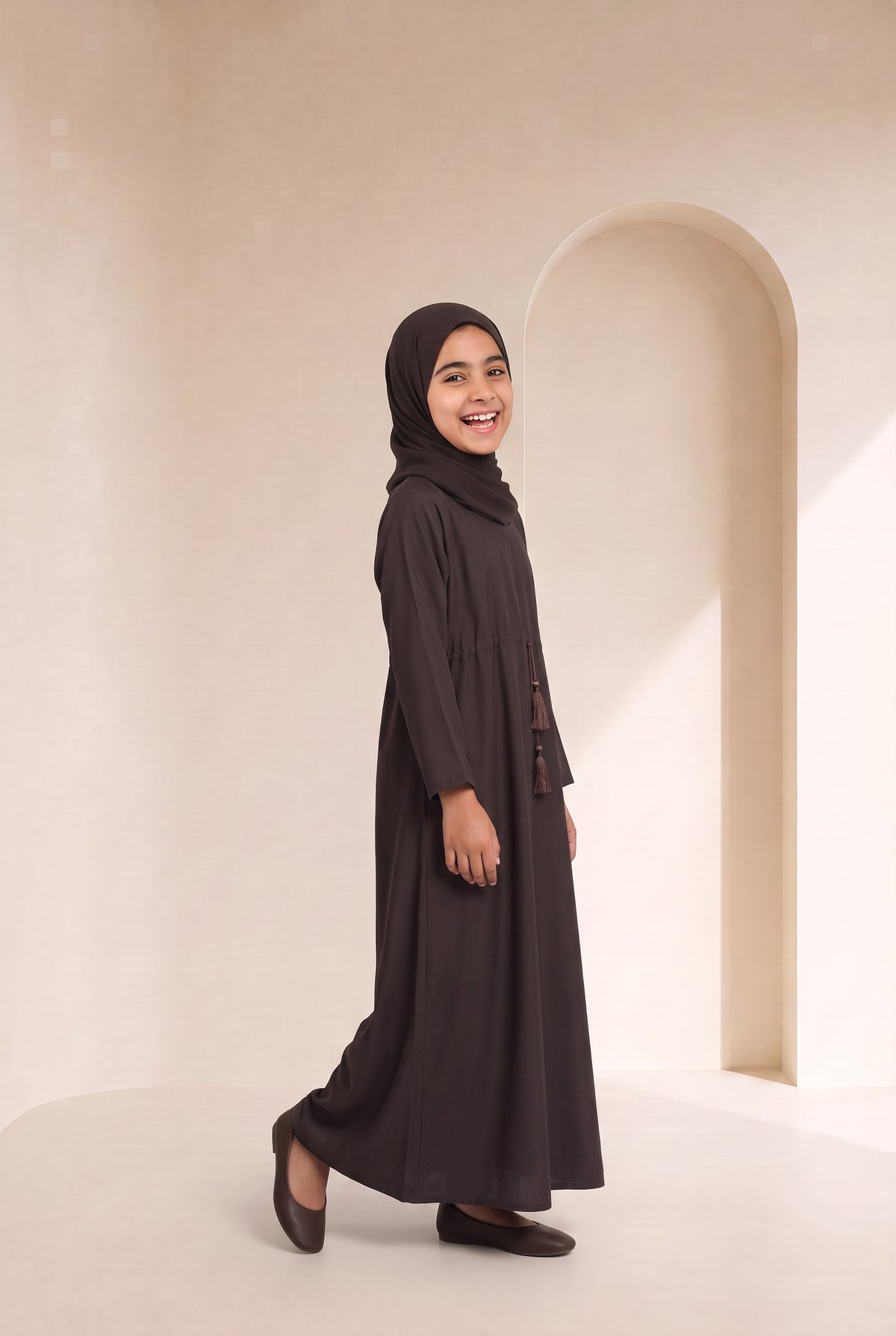 Girls Drawstring Abaya Chocolate Brown 681 Col 54