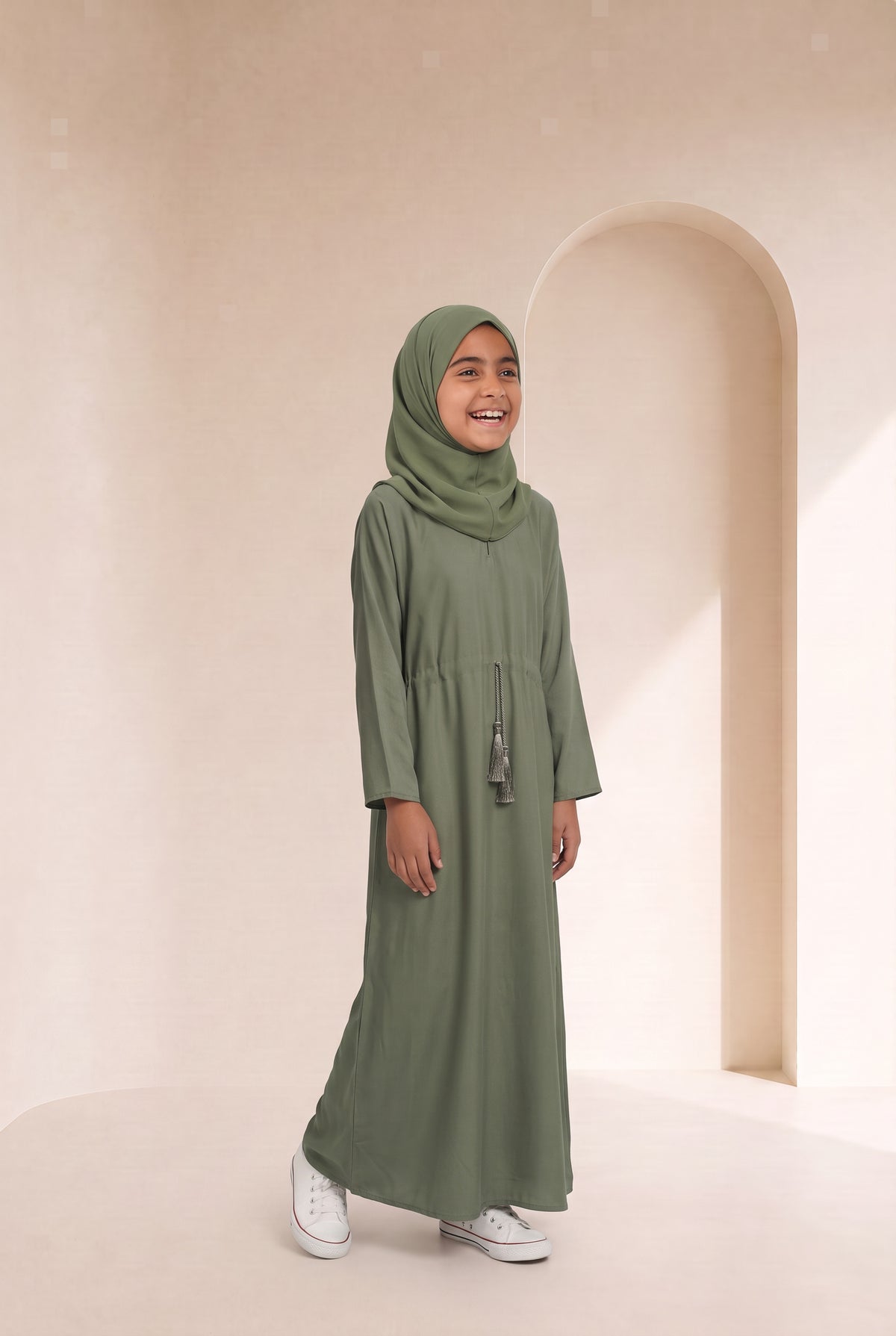 Girls Drawstring Abaya Olive 681 Col 55