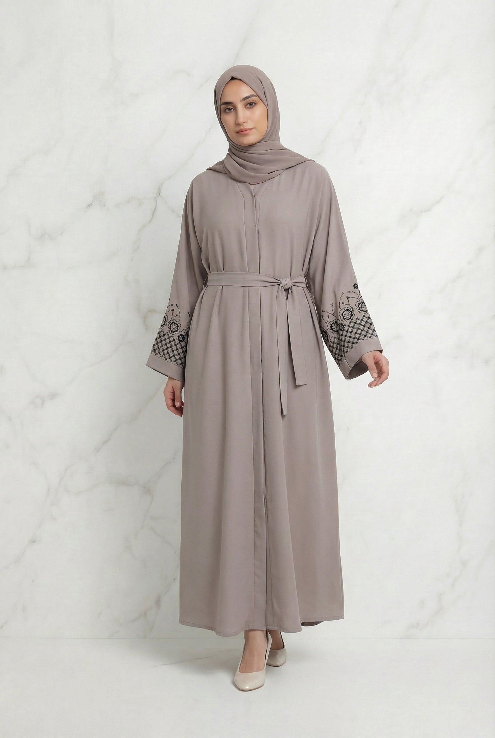 Embellished Sleeved Belted Abaya Dusty Rose 613 Col 135