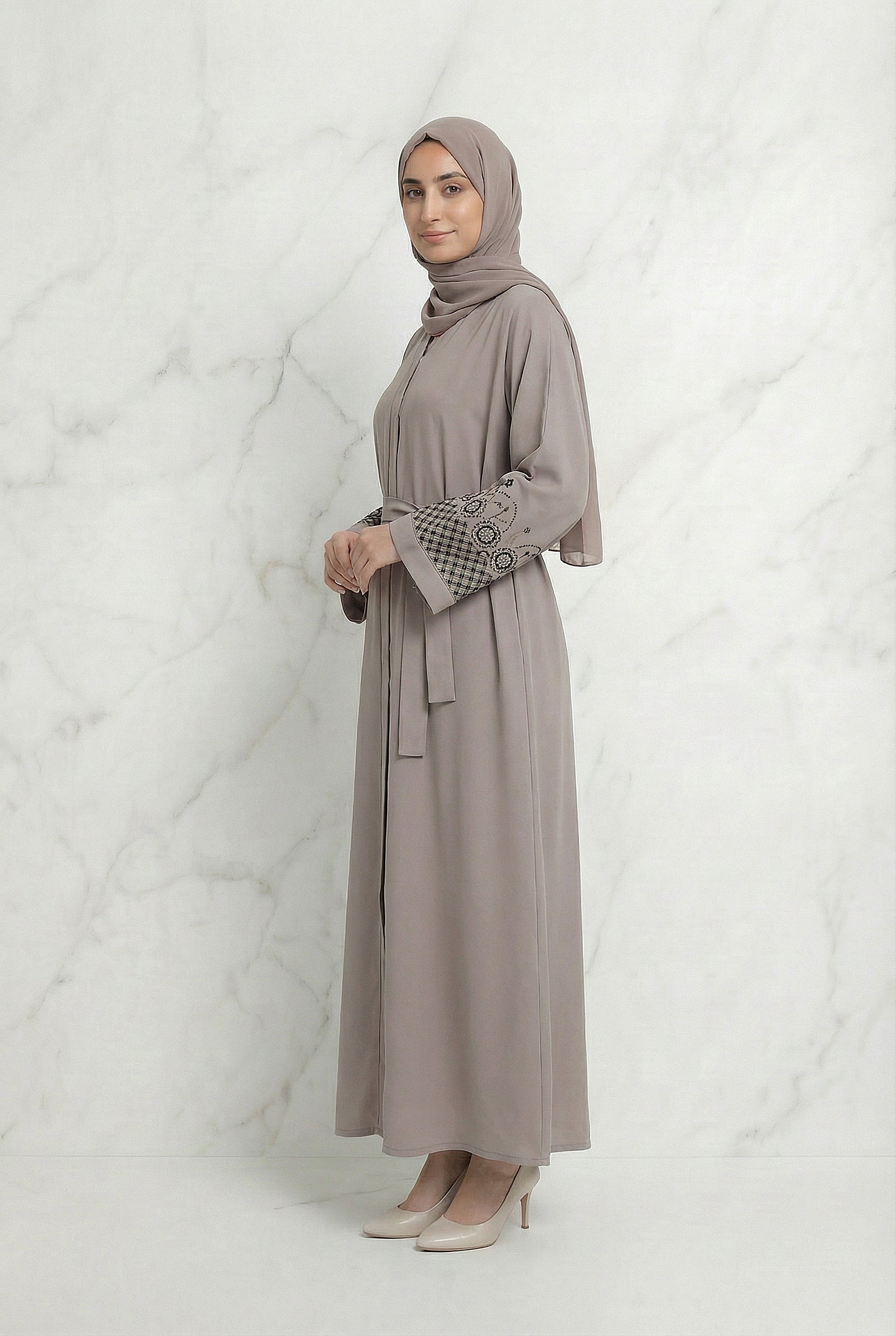 Embellished Sleeved Belted Abaya Dusty Rose 613 Col 135