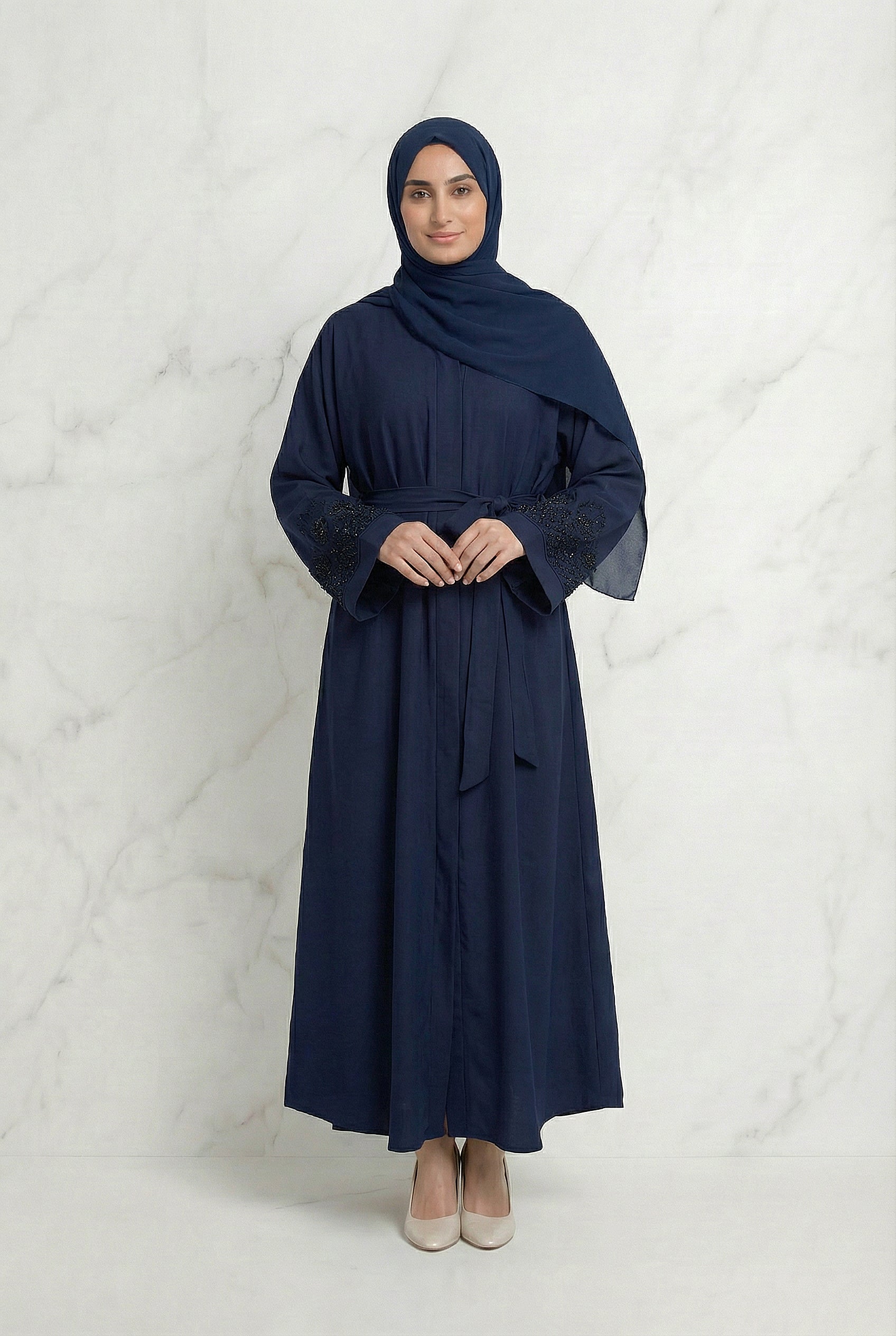 Embellished Sleeved Belted Abaya Navy Blue 613 Col 19