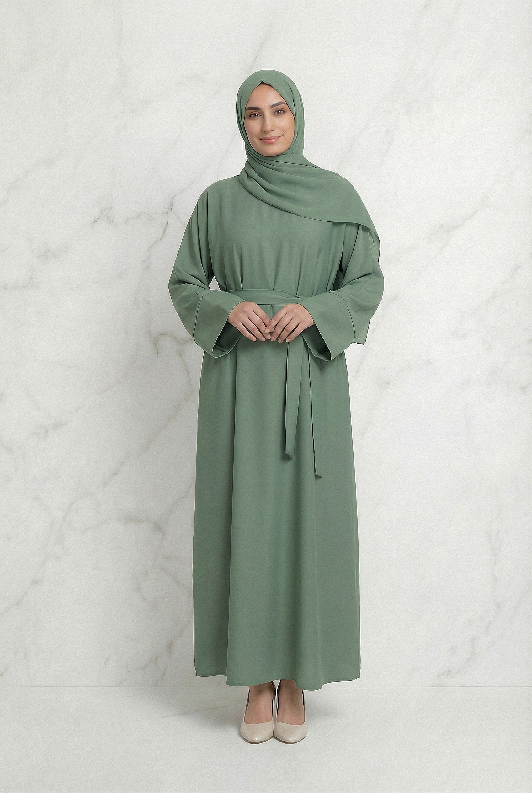 Satin Belted Abaya Mint 622 Col 2
