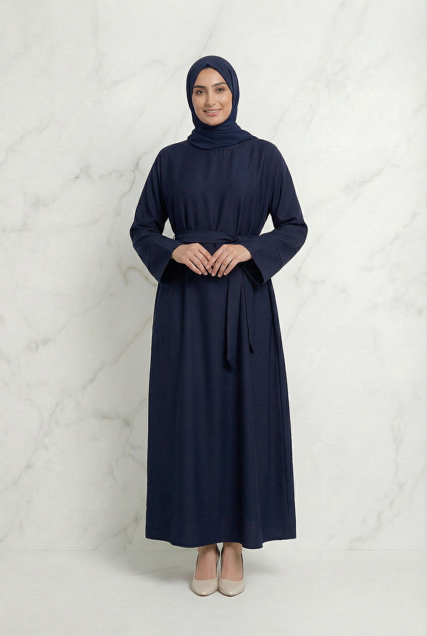 Satin Belted Abaya Dark Navy 622 Col 21