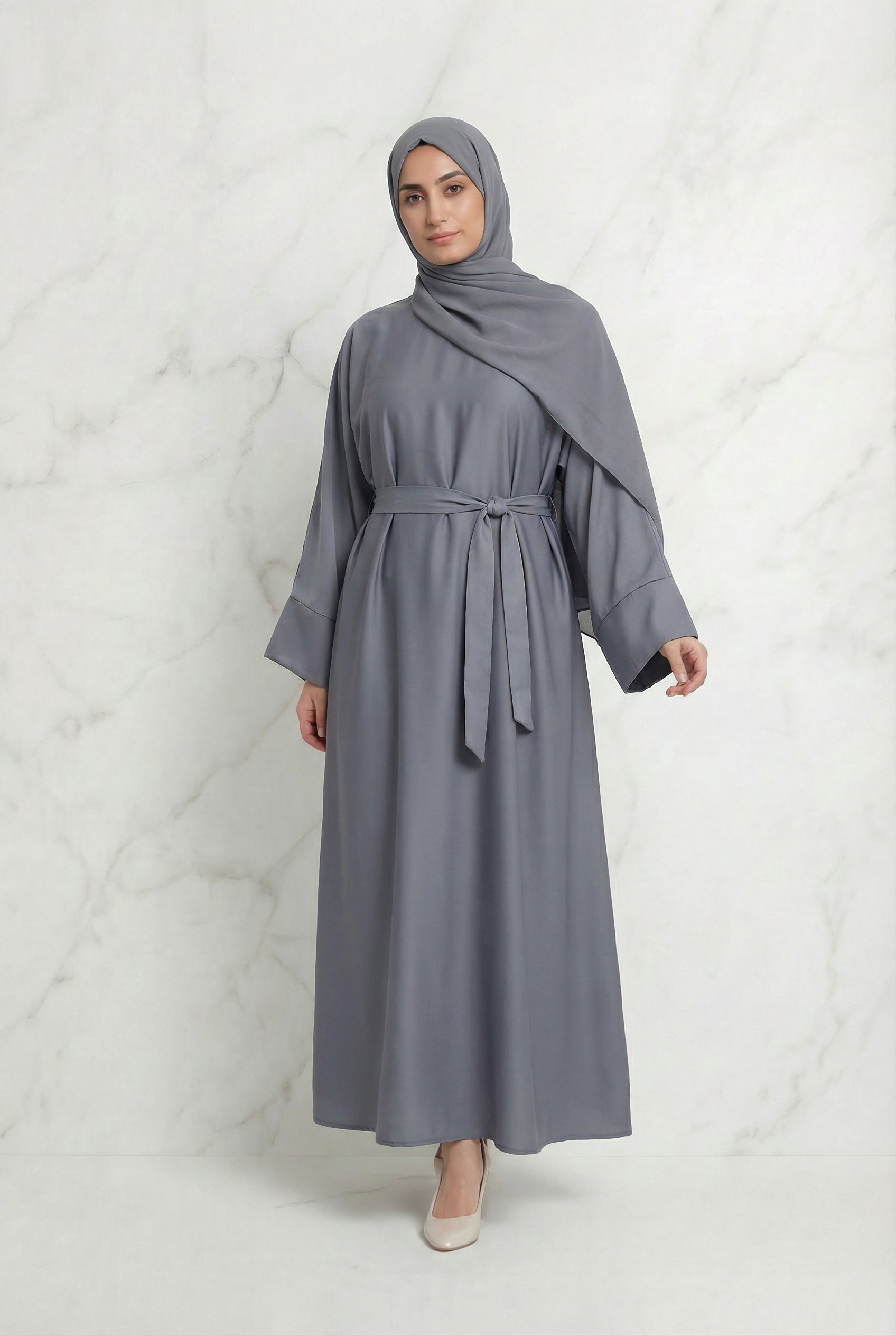 Satin Belted Abaya Grey 622 Col 3