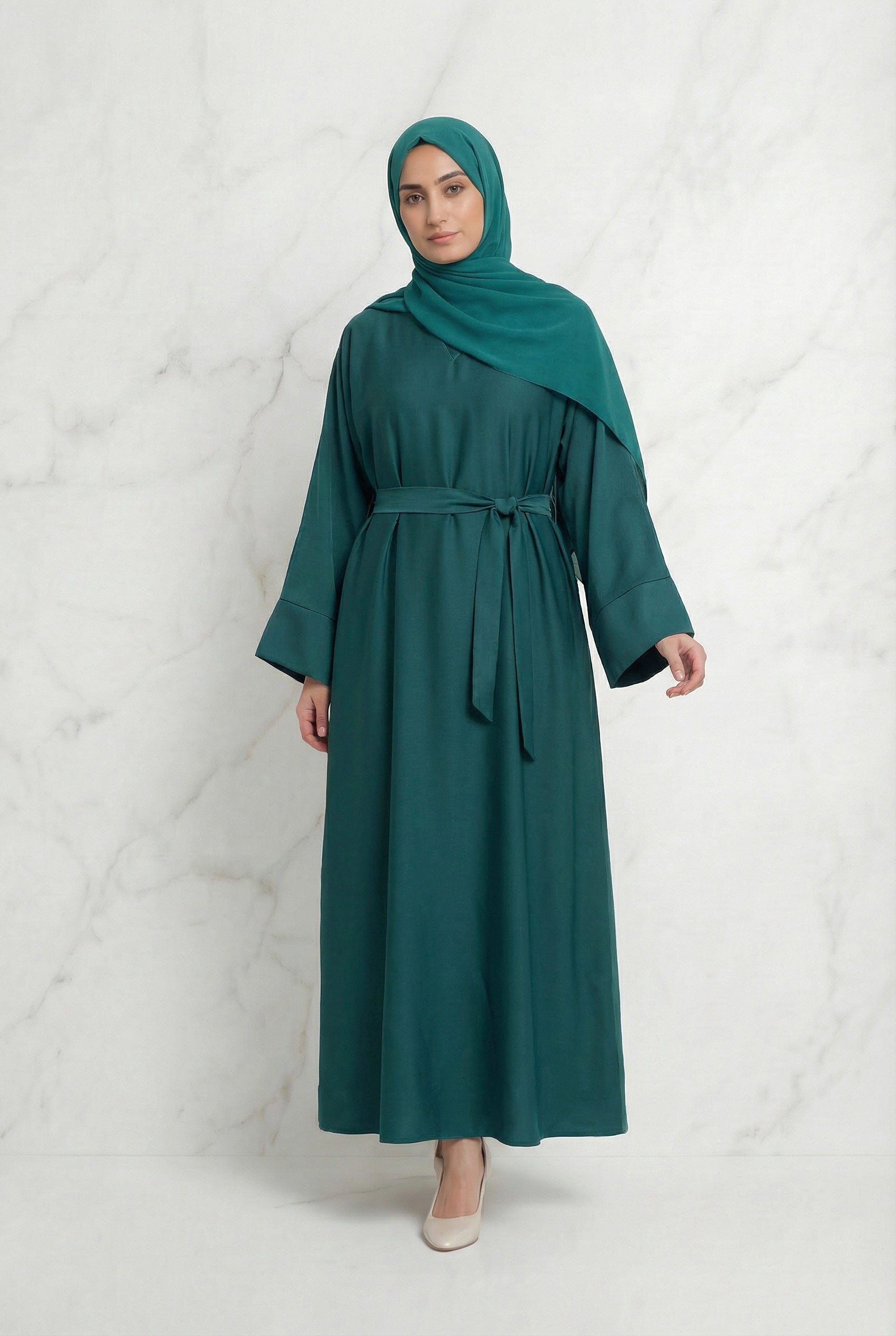 Satin Belted Abaya Teal Green 622 Col 37