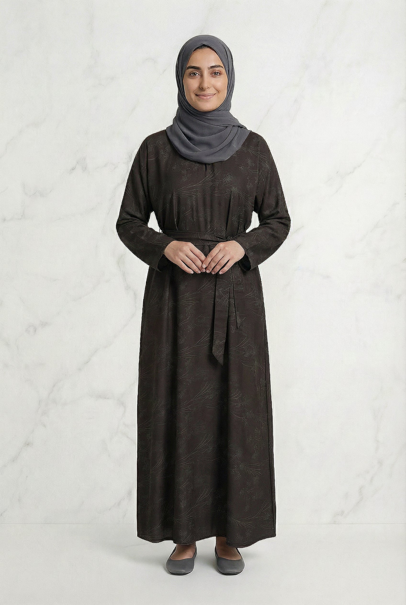 Floral Weave Abaya Dark Chocolate 653 Col 3