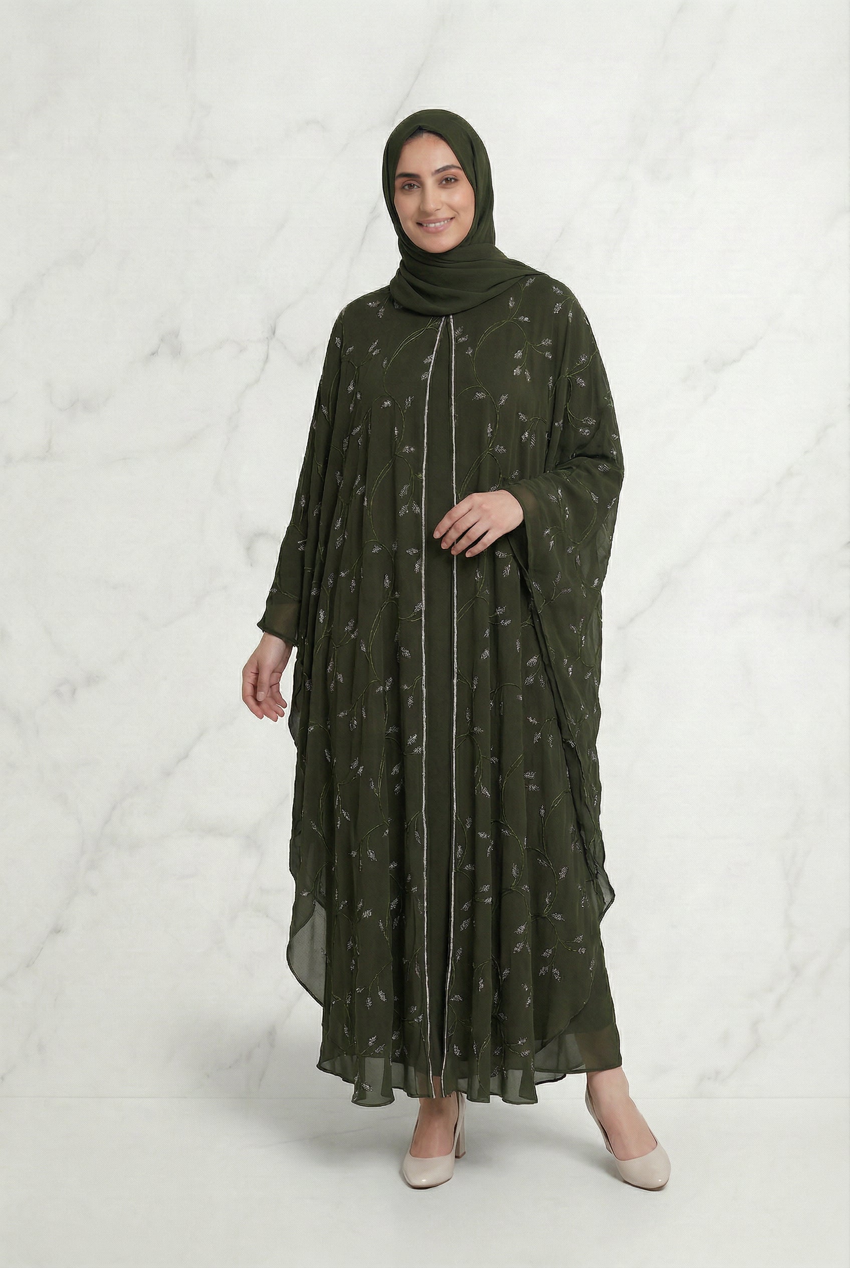 Edina Embroidered Abaya Olive 660 Col 84