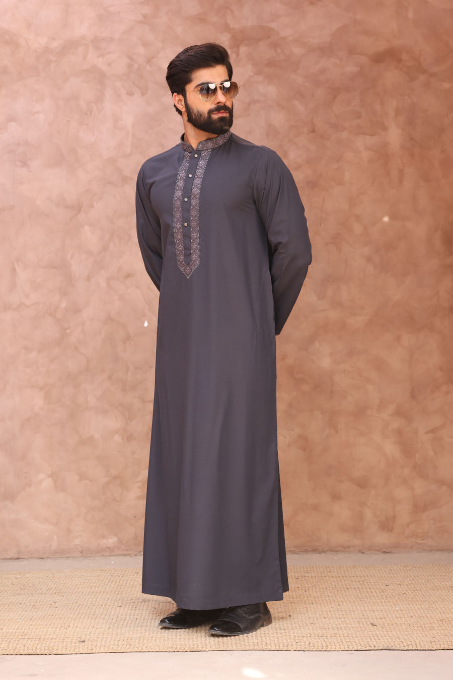 Signature Embroidered Thobe Dark Grey 1022